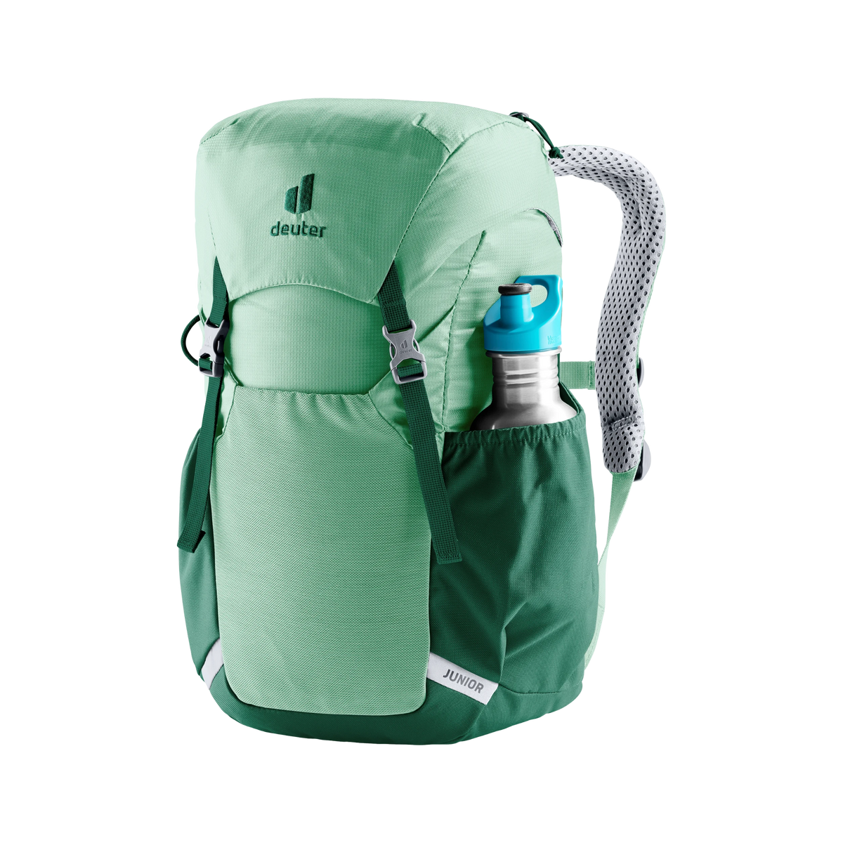 Deuter Junior 18L Backpack in Spearmint color with elastic side pocket designed for convenient storage of bottles and trail essentials
