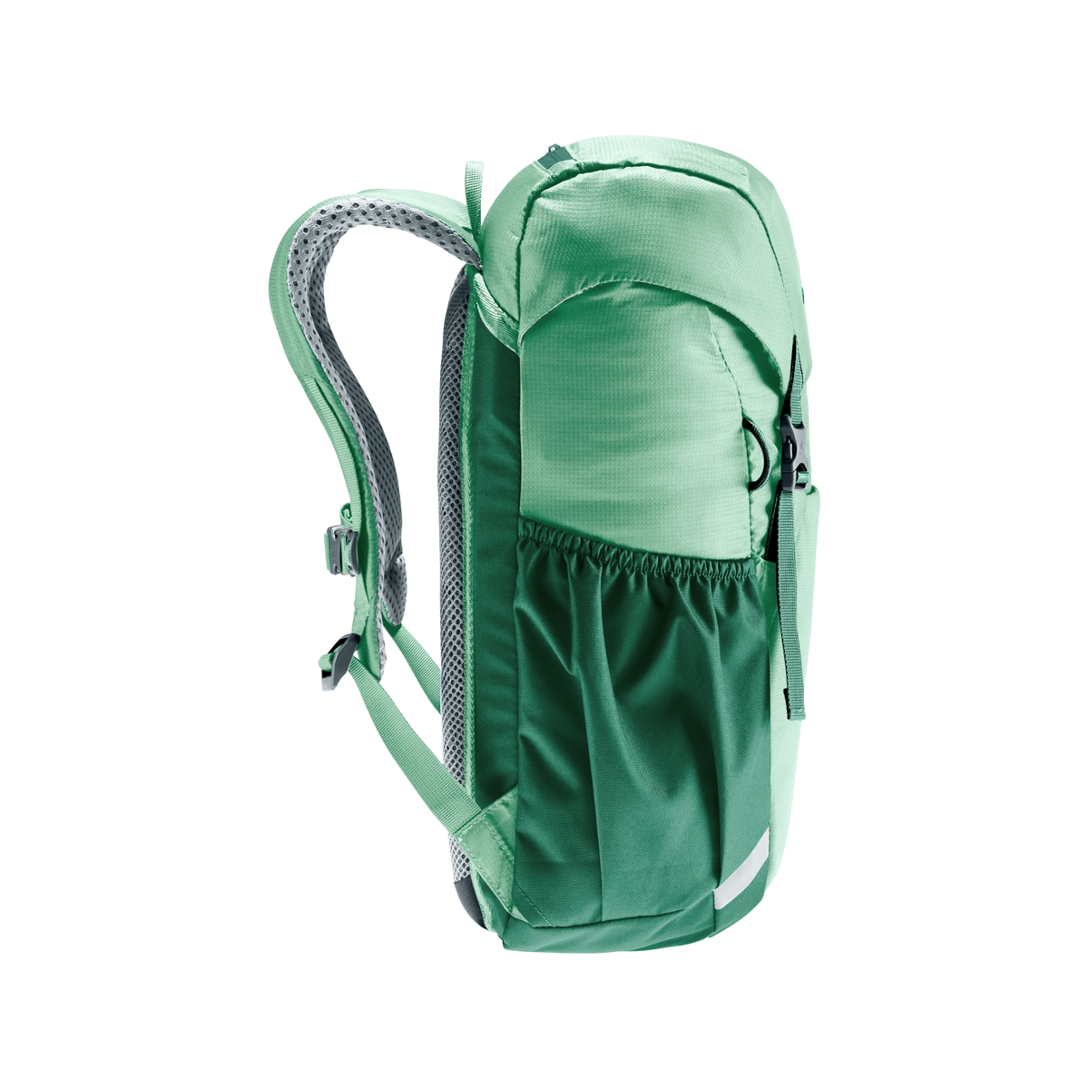 Side view (Left) of Deuter Junior 18L Backpack in Spearmint color with elastic side pocket, ergonomic shoulder straps and compact 18-litre profile