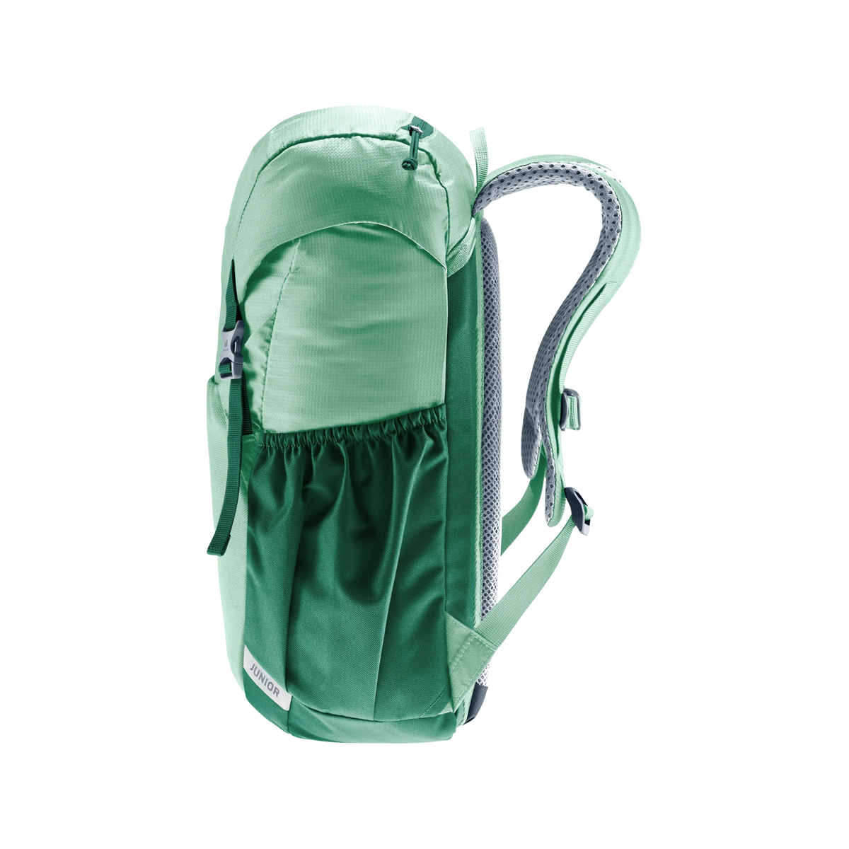 Side view (Right) of Deuter Junior 18L Backpack in Spearmint color with elastic side pocket, ergonomic shoulder straps and compact 18-litre profile