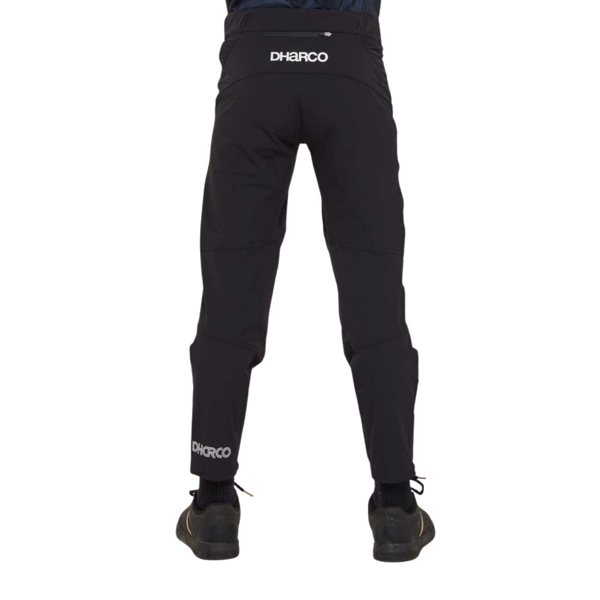 Rear view of DHaRCO Youth Gravity Pants in Black with water-resistant 95% nylon 5% spandex construction and articulated fit