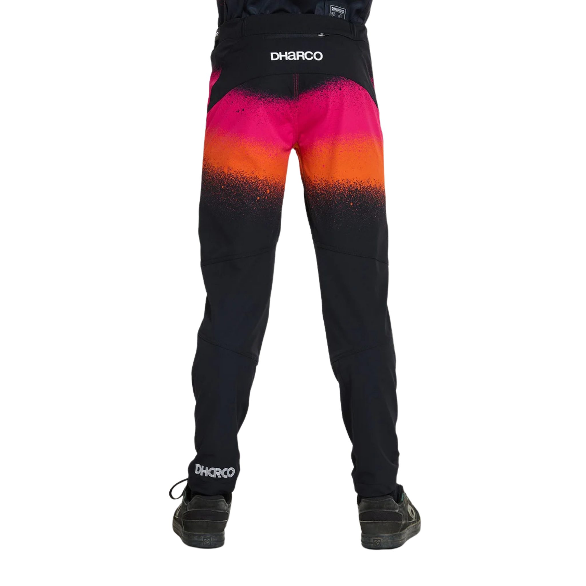 Rear view of DHaRCO Youth Gravity Pants in Black Snake design with water-resistant 95% nylon 5% spandex construction and articulated fit
