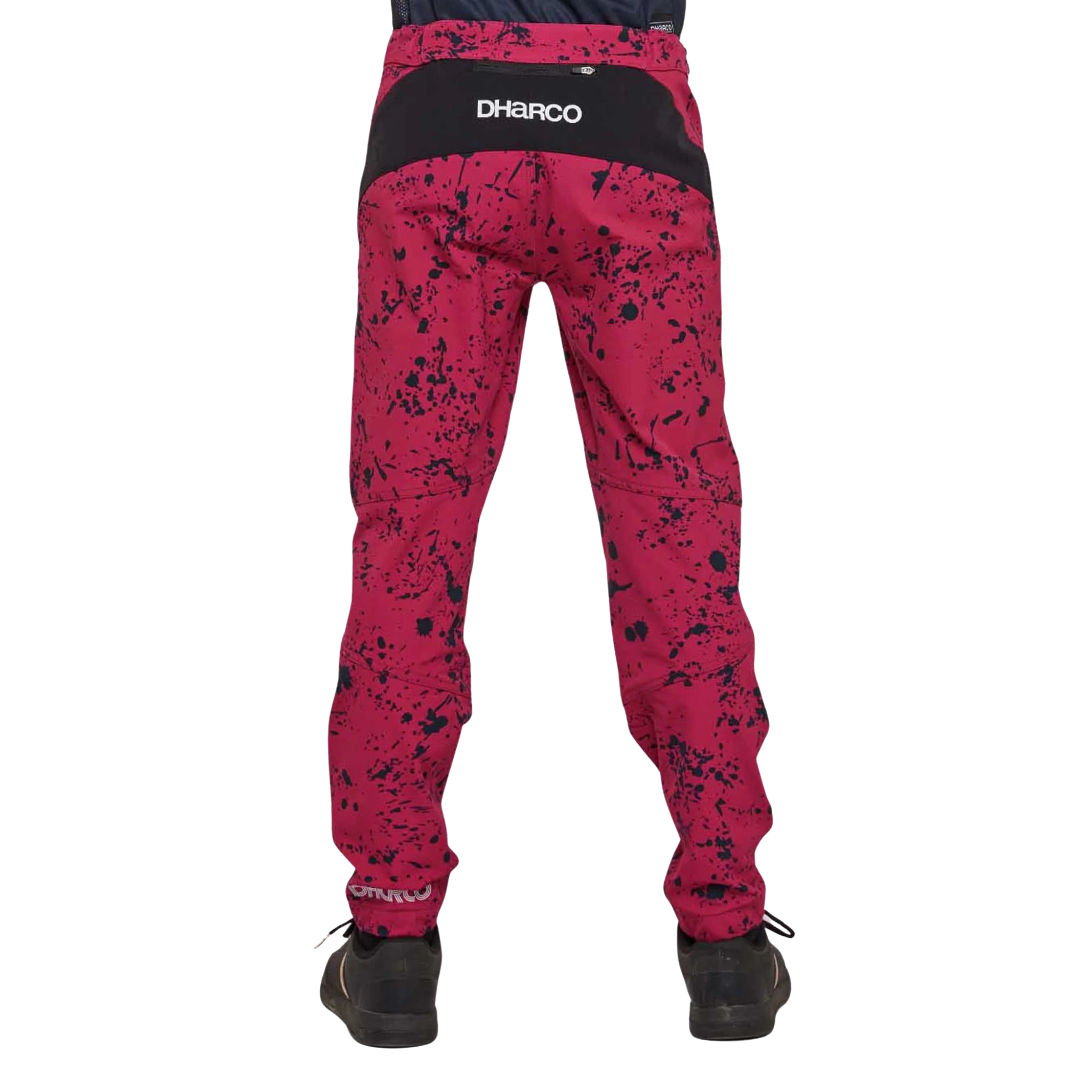 Rear view of DHaRCO Youth Gravity Pants in Chili Pepper design with water-resistant 95% nylon 5% spandex construction and articulated fit