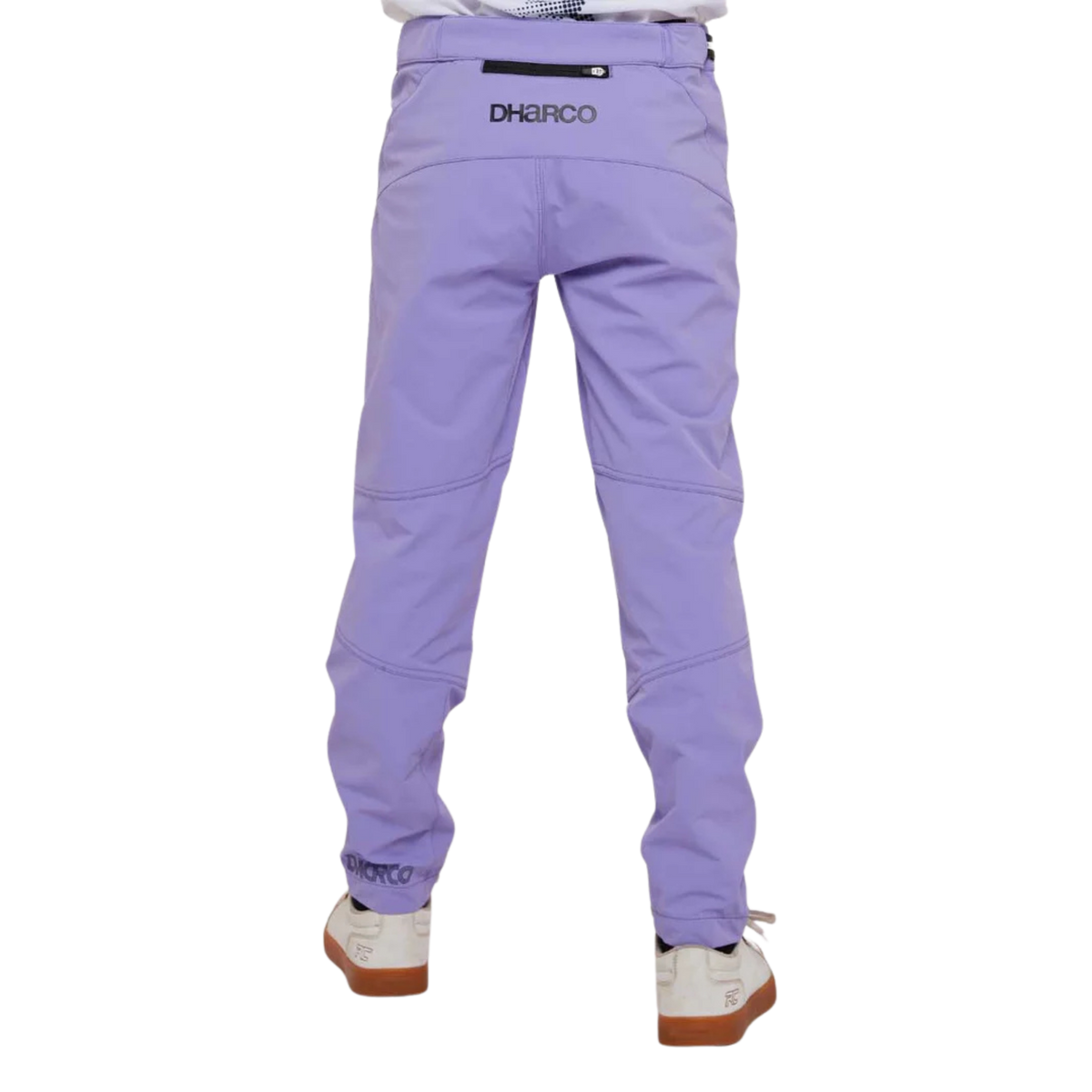 Rear view of DHaRCO Youth Gravity Pants in Purple Haze with water-resistant 95% nylon 5% spandex construction and articulated fit