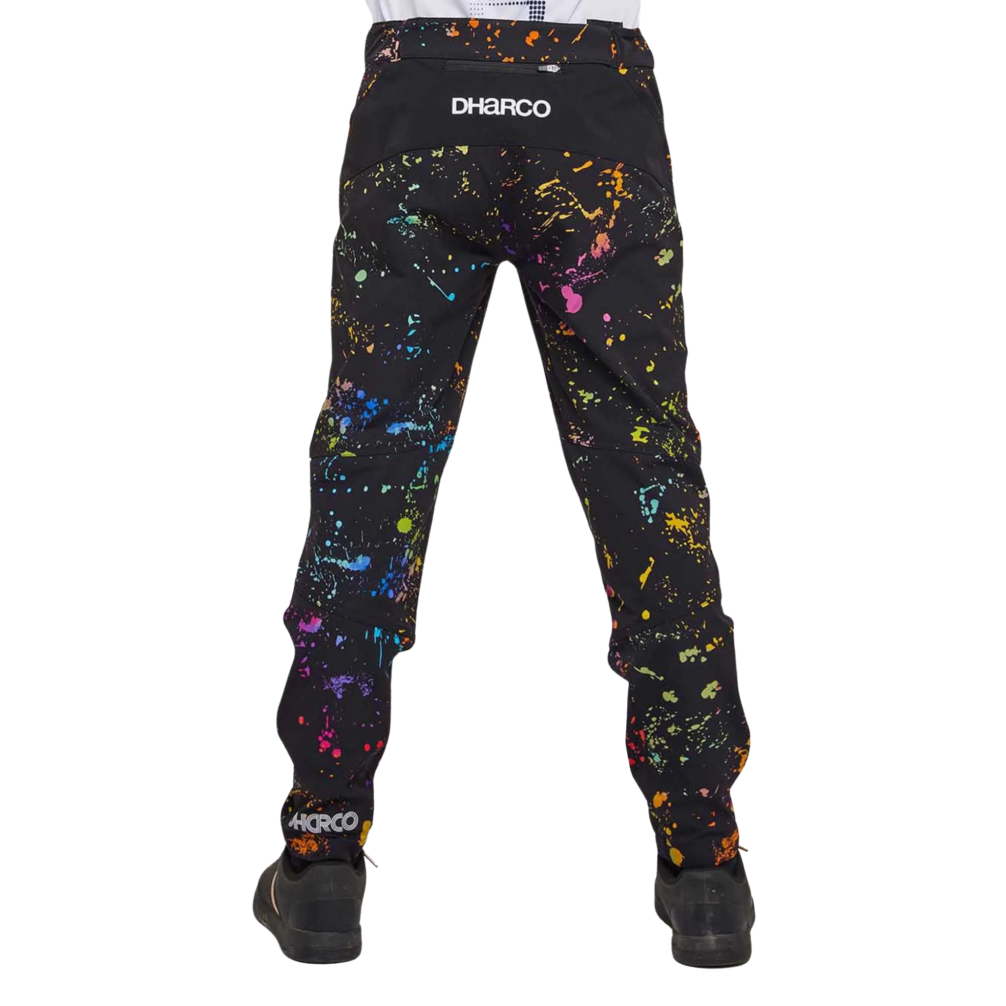Rear view of DHaRCO Youth Gravity Pants in Supernova design with water-resistant 95% nylon 5% spandex construction and articulated fit