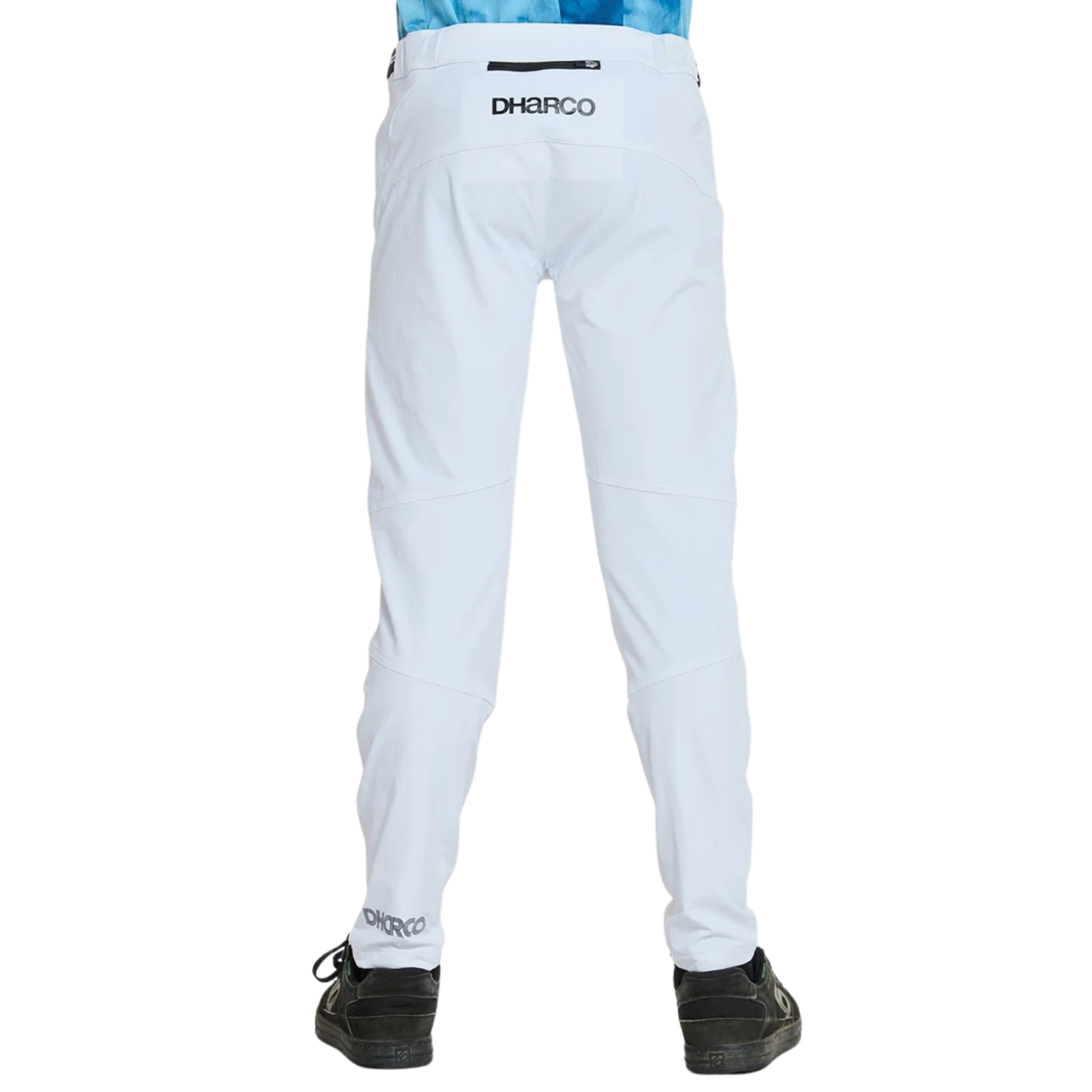 Rear view of DHaRCO Youth Gravity Pants in White with water-resistant 95% nylon 5% spandex construction and articulated fit