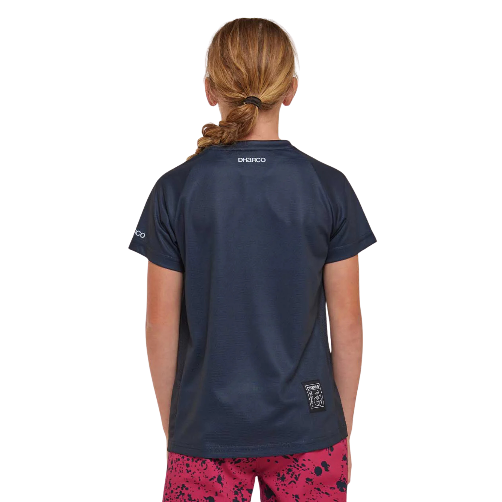 Rear view of DHaRCO Youth Short Sleeve Jersey in Funnelweb design with lightweight quick-dry recycled fabric and relaxed riding fit