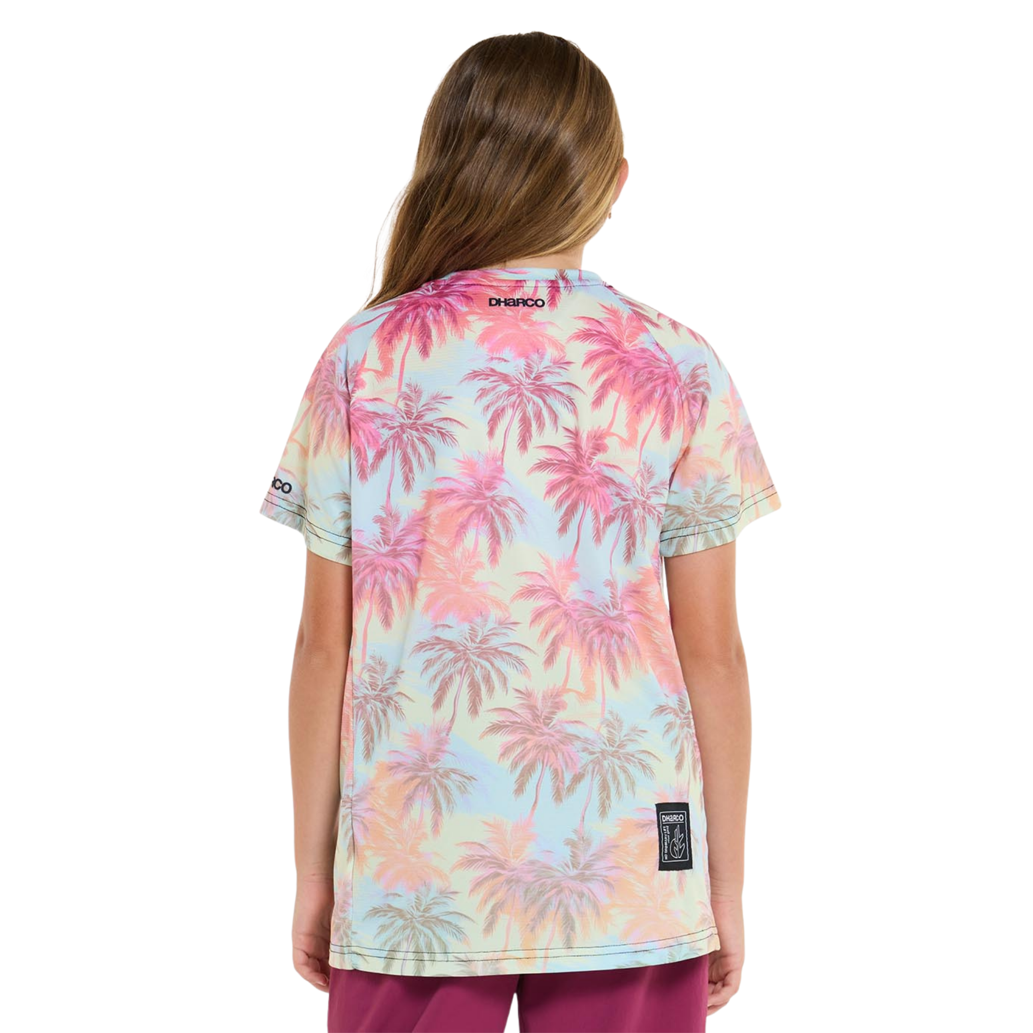 Rear view of DHaRCO Youth Short Sleeve Jersey in Highball design with lightweight quick-dry recycled fabric and relaxed riding fit