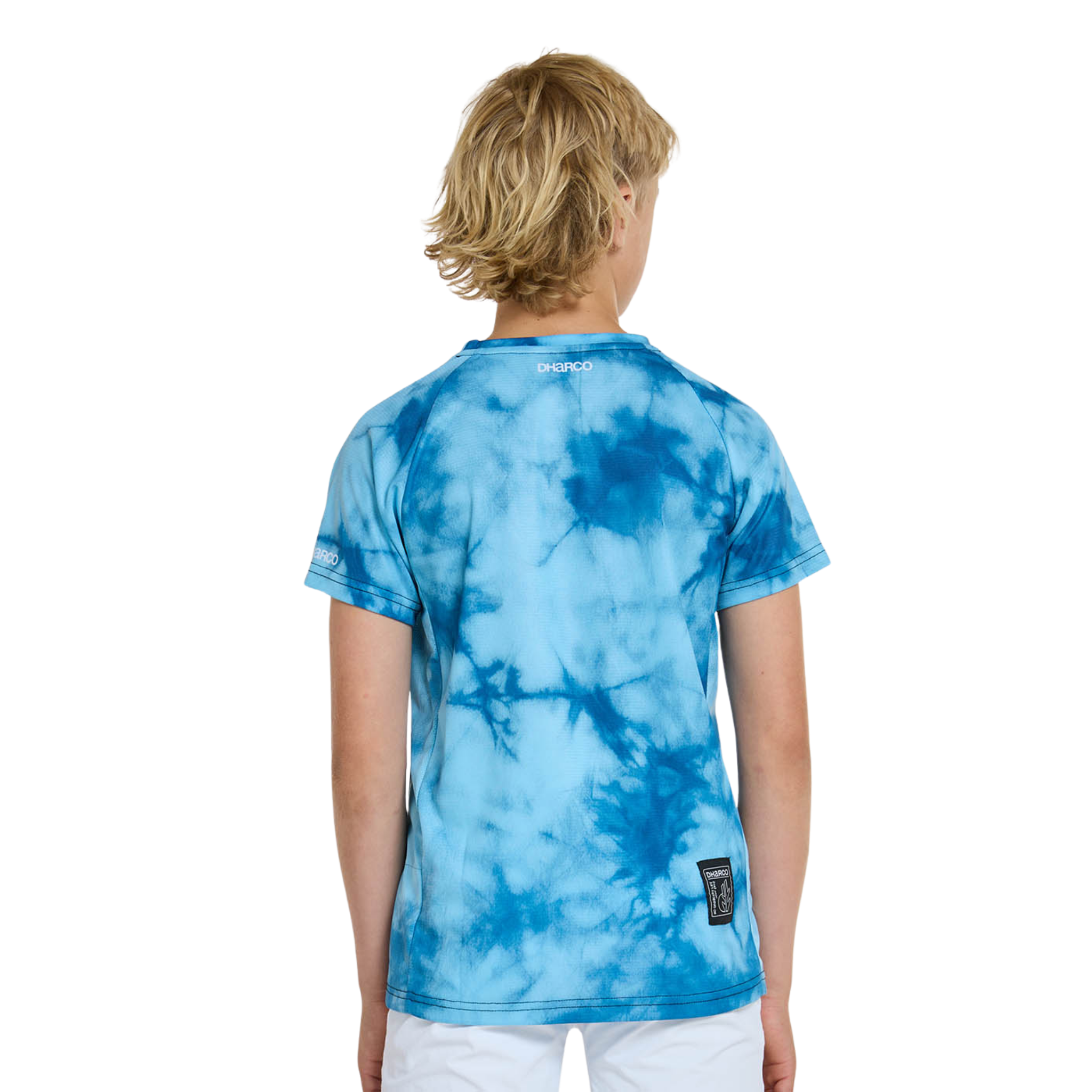 Rear view of DHaRCO Youth Short Sleeve Jersey in Nevermind design with lightweight quick-dry recycled fabric and relaxed riding fit