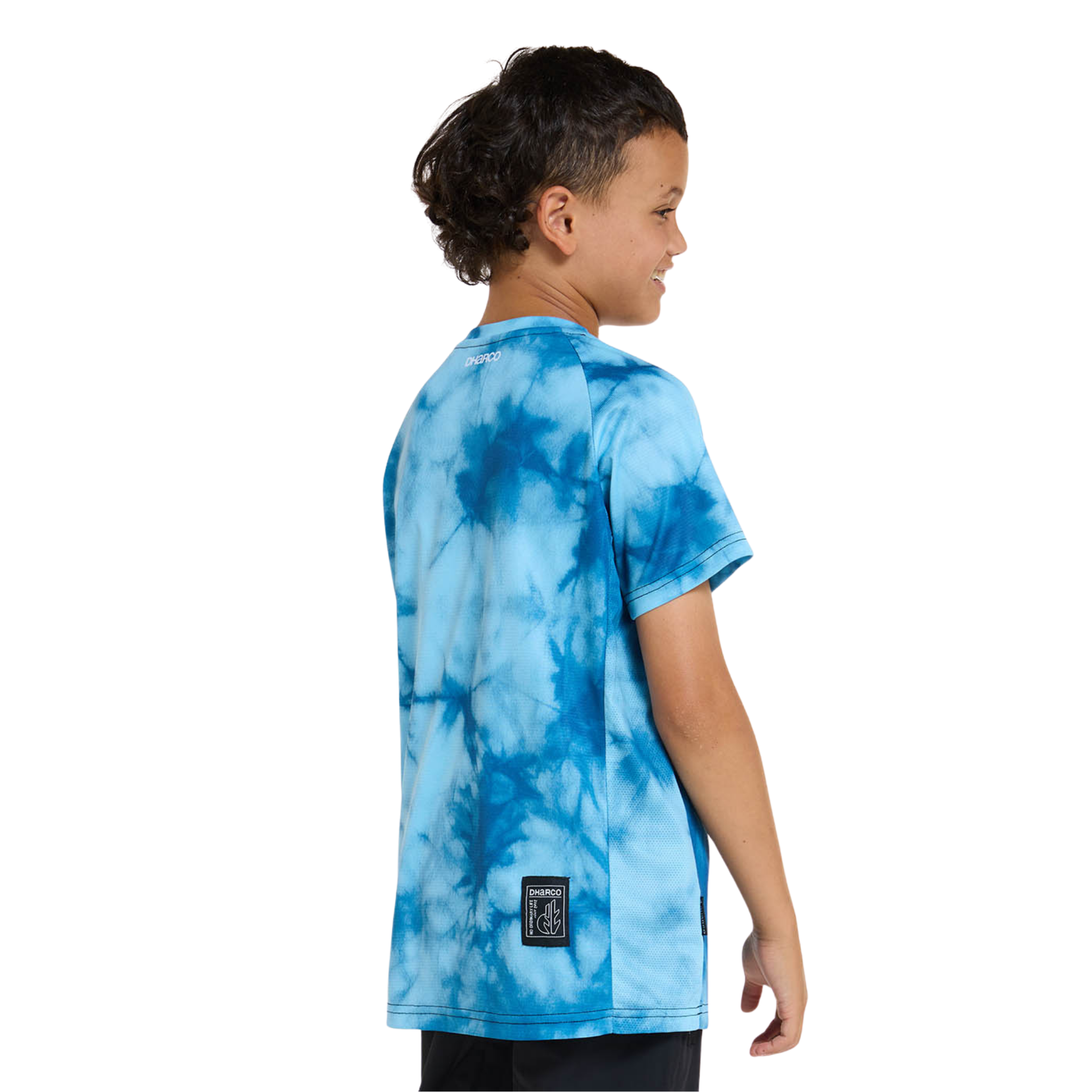 Side view of DHaRCO Youth Short Sleeve Jersey in Nevermind design with breathable mesh side panel and zip storage pocket