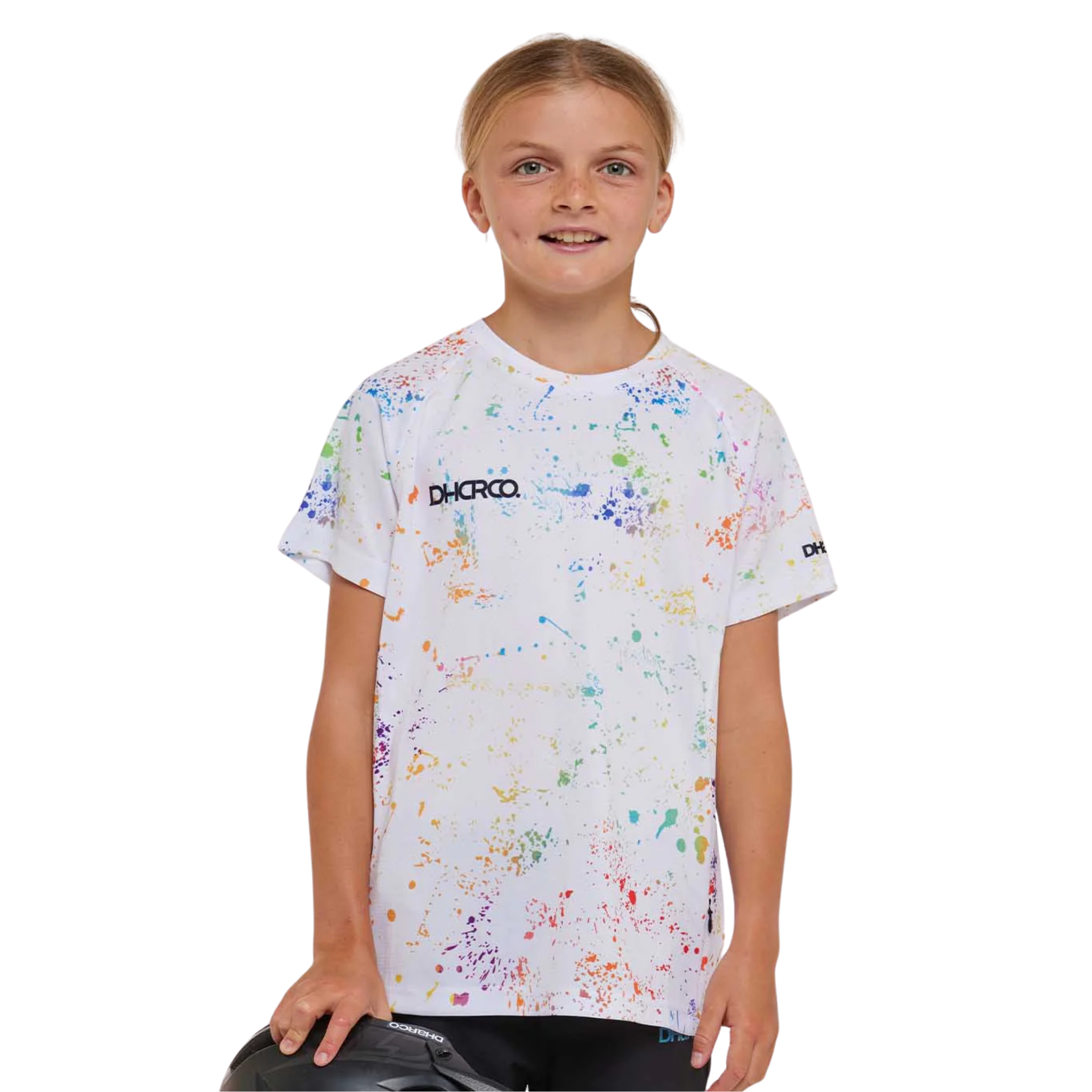 DHaRCO Youth Short Sleeve Jersey in Paint Splat design with 100% recycled quick-dry fabric, mesh side panels and zip pocket