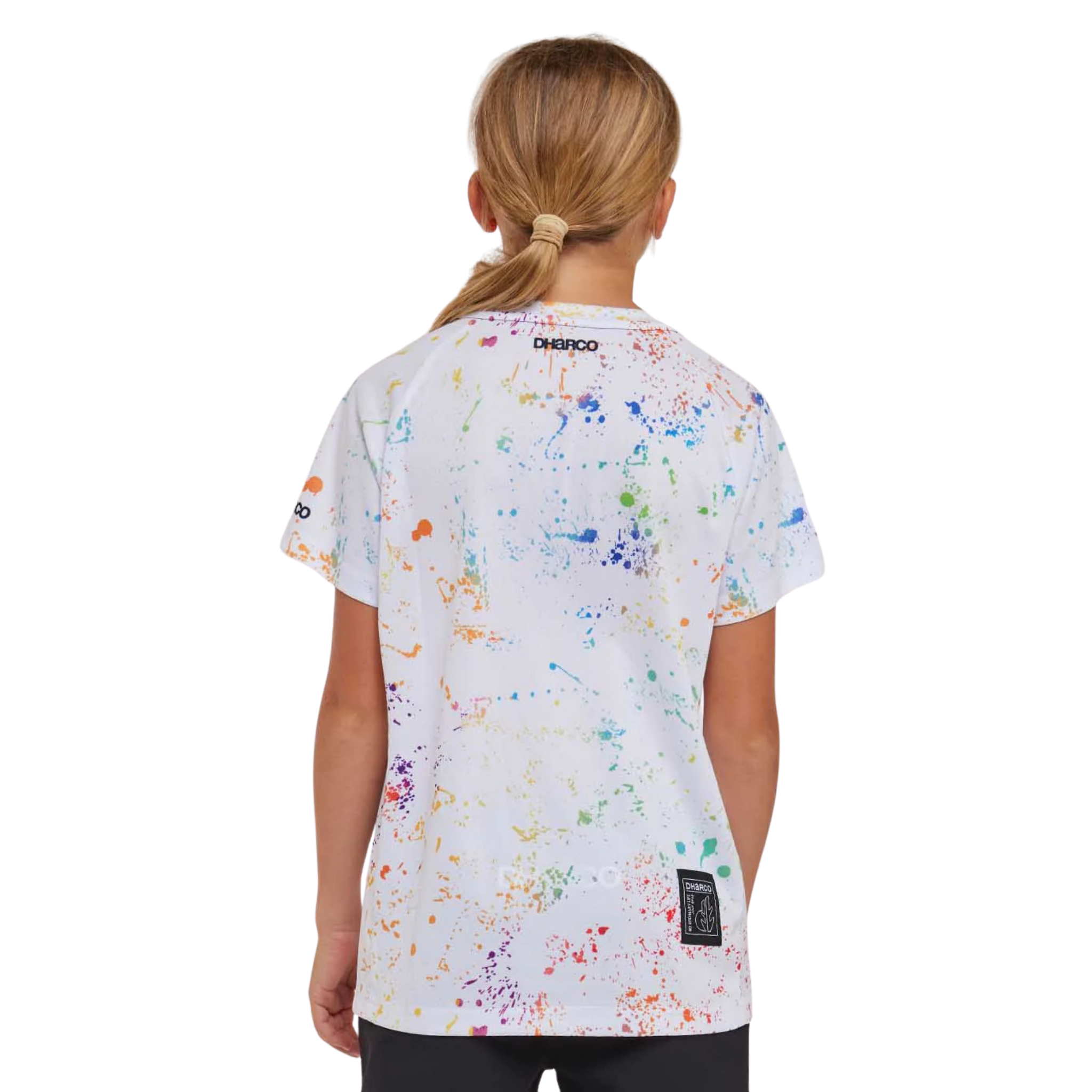 Rear view of DHaRCO Youth Short Sleeve Jersey in Paint Splat design with lightweight quick-dry recycled fabric and relaxed riding fit