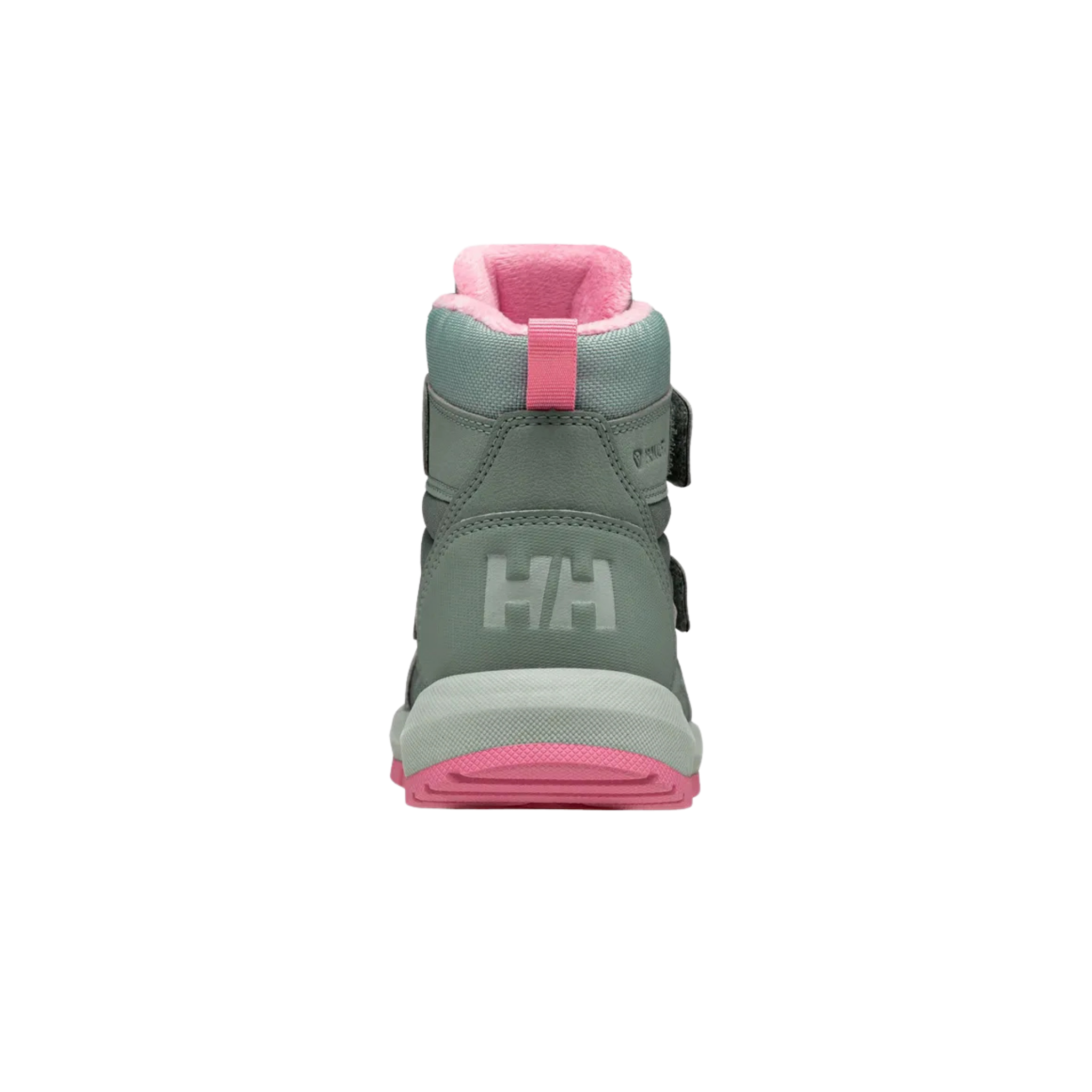 Rear view of Helly Hansen Bowstring Winter Boot High Top in Cactus / Green Mist with reinforced collar, recycled lining and waterproof construction