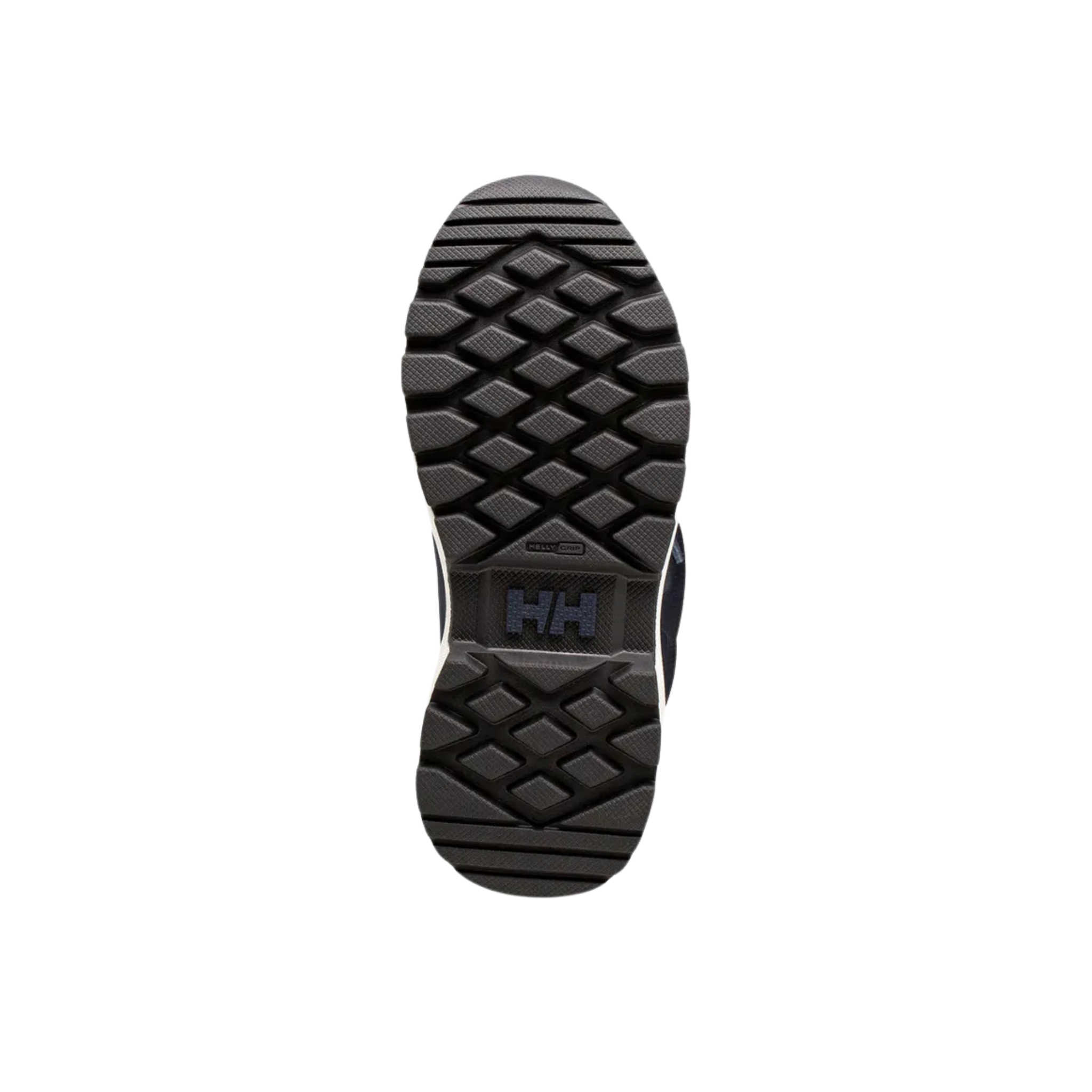 Sole view of Helly Hansen Bowstring Winter Boot High Top in Navy / Cobalt with HH Max Grip traction for slippery winter surfaces