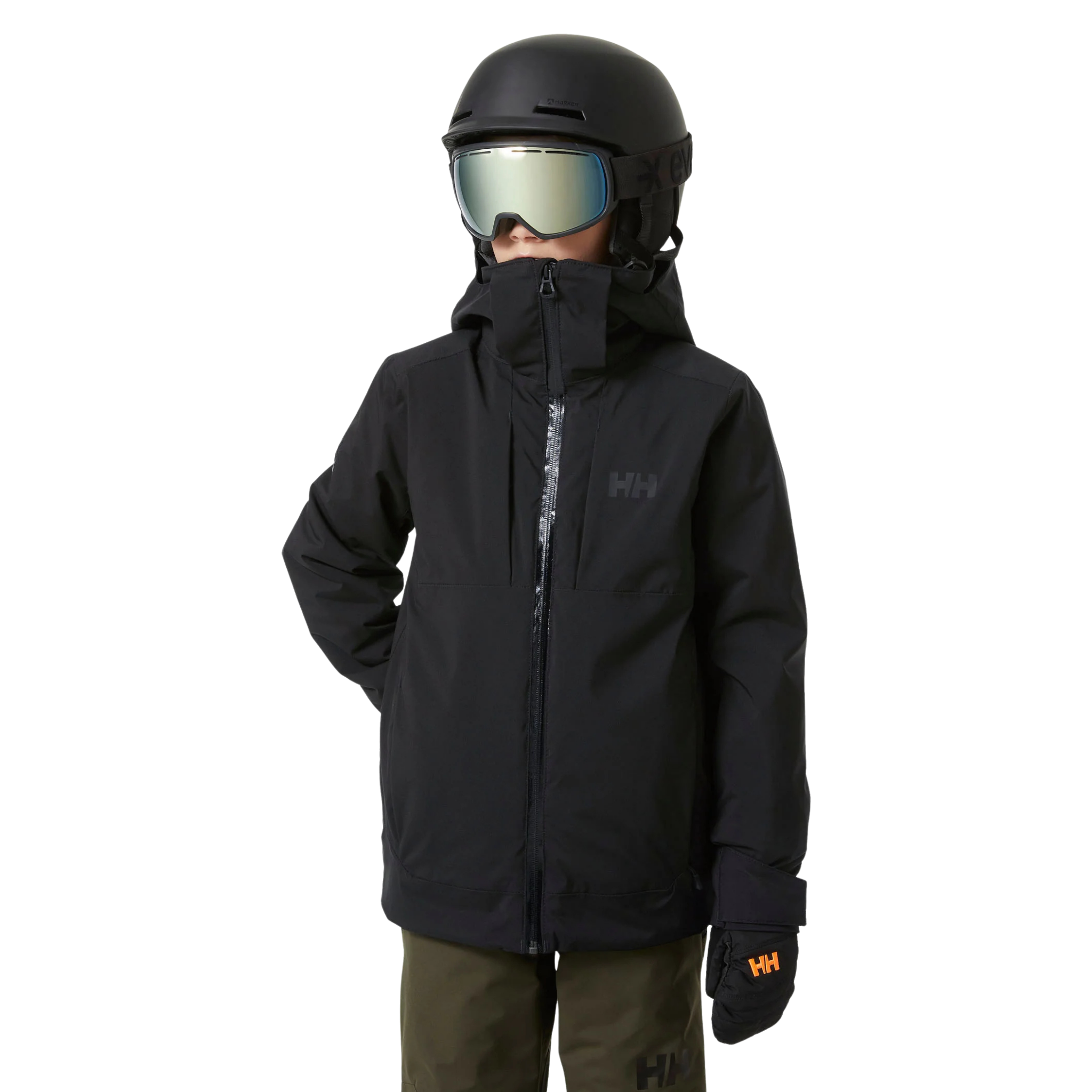 Front view of Helly Hansen Juniors Alpha Ski Jacket in Black with HELLY TECH Performance, YKK zipper and PrimaLoft insulation
