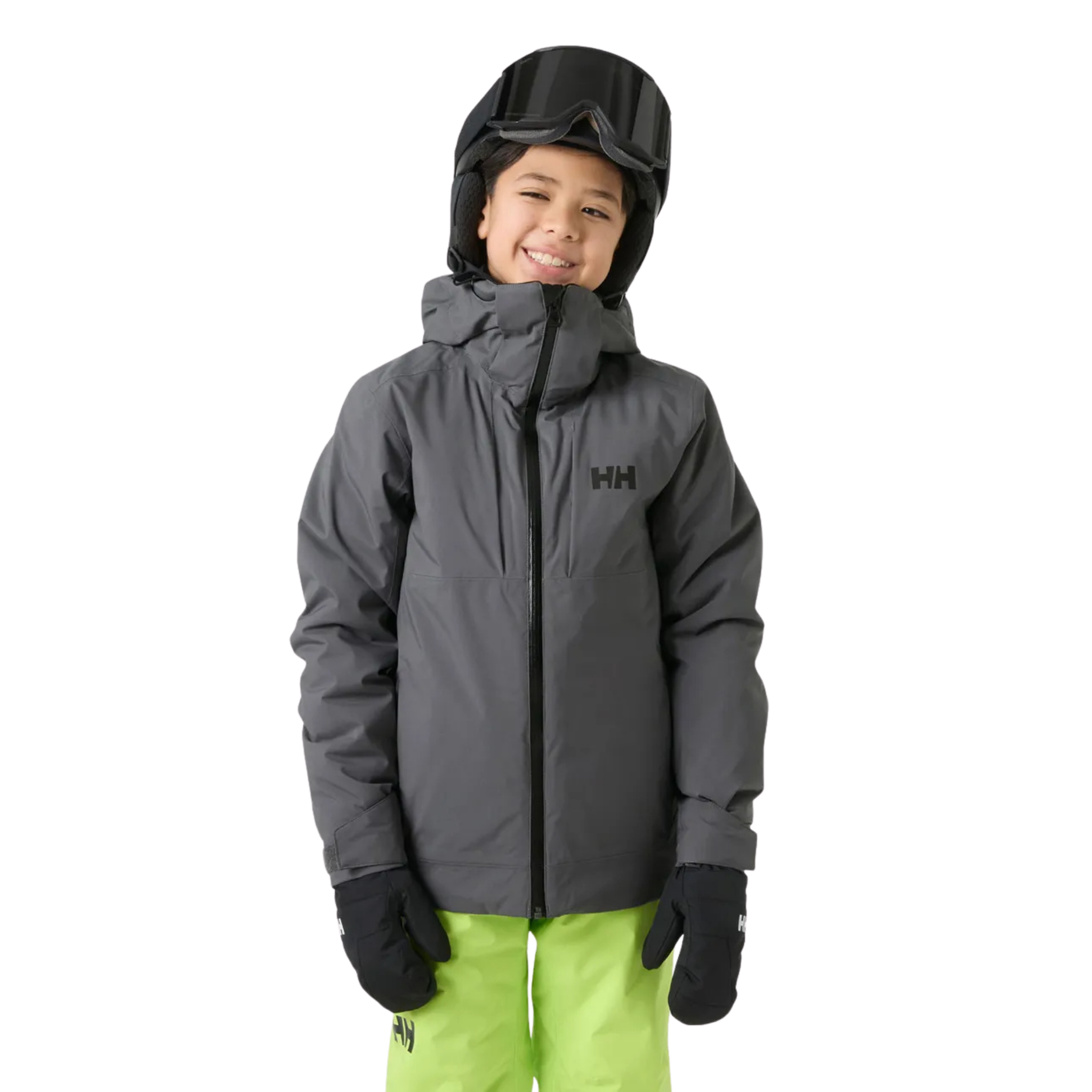 Front view of Helly Hansen Jr Alpha Ski Jacket in Thunder Grey with waterproof breathable HELLY TECH Performance construction
