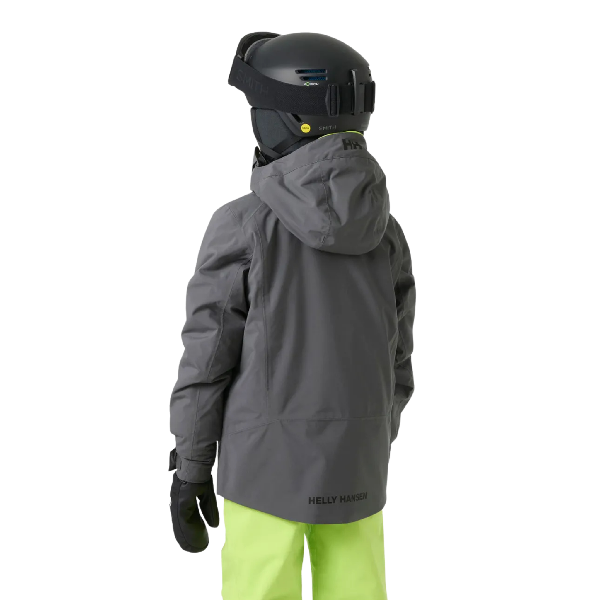 Rear view of Helly Hansen Jr Alpha Ski Jacket in Thunder Grey with lightweight PrimaLoft Black Eco insulation