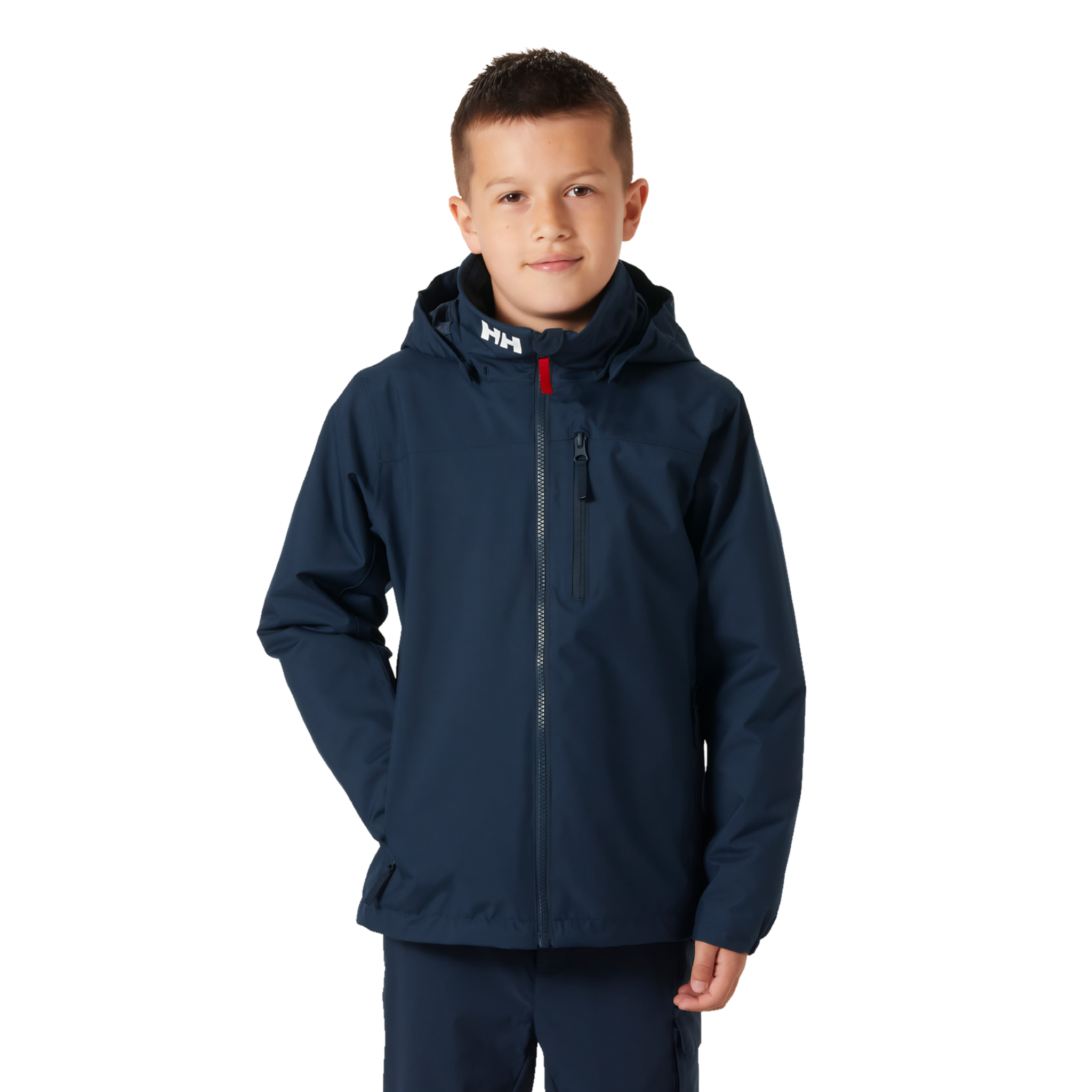 Front view of Helly Hansen Jr Crew Midlayer 2.0 Jacket in Navy with waterproof breathable HELLY TECH Protection and fleece lining