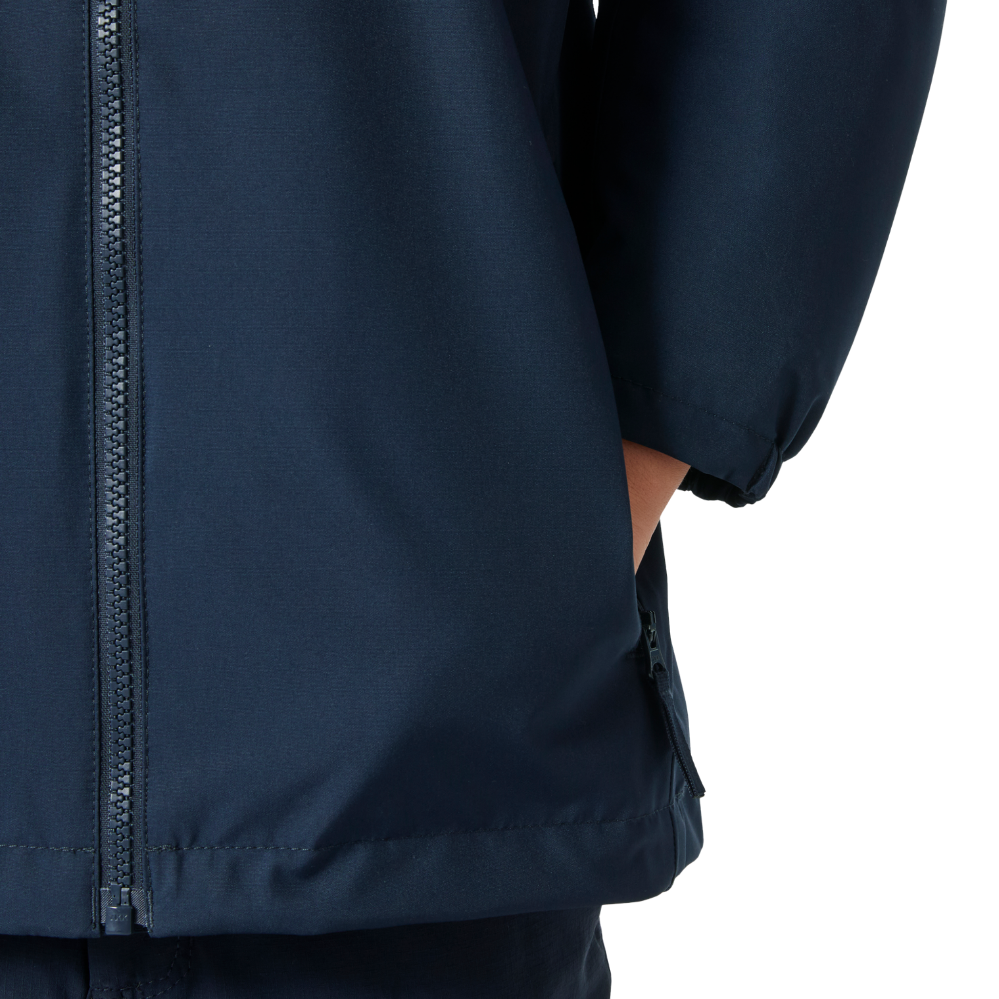 Helly Hansen Jr Crew Midlayer 2.0 Jacket zippered hand pocket detail in Navy with cozy fleece lining and secure storage