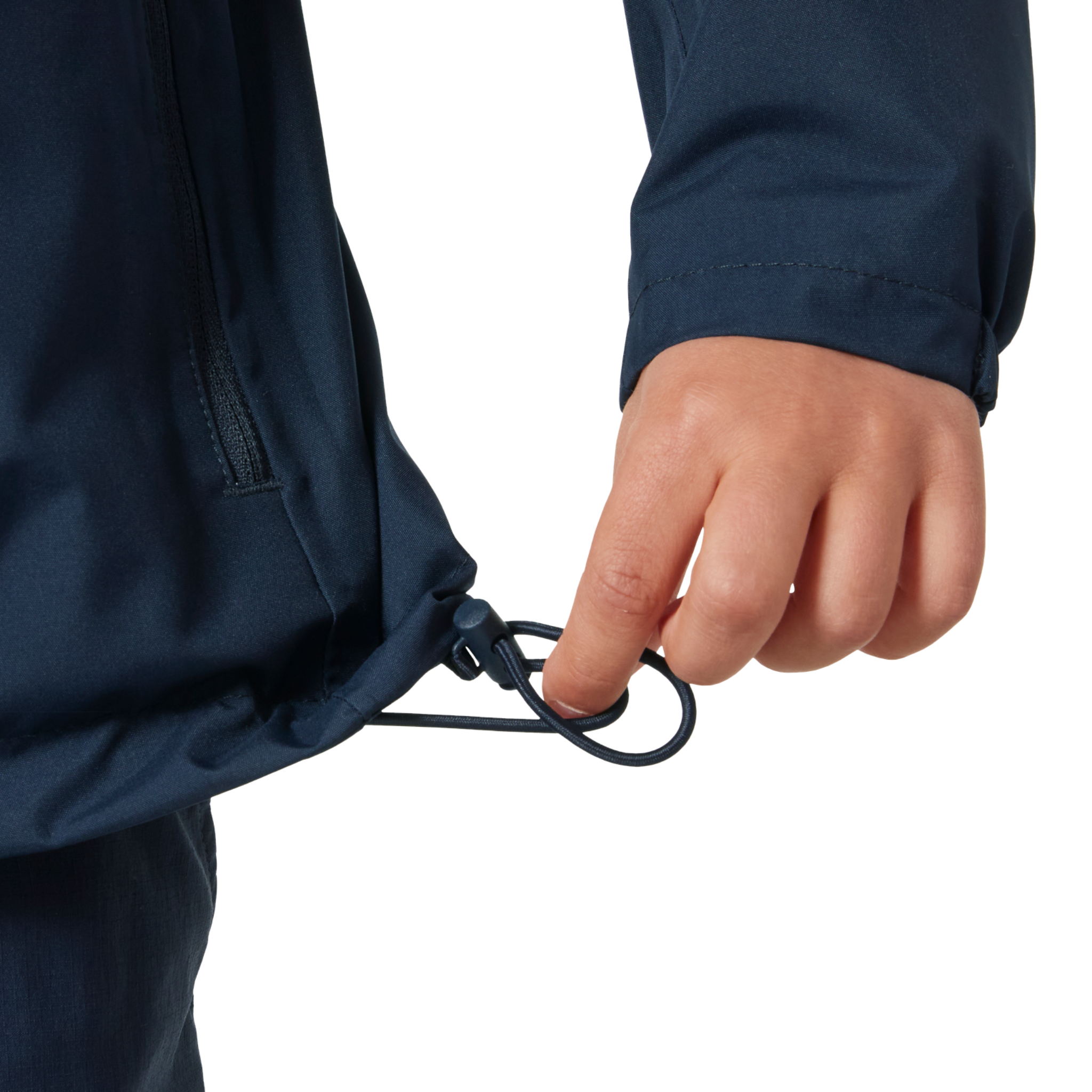 Helly Hansen Jr Crew Midlayer 2.0 Jacket in Navy with adjustable hem detail for a secure comfortable fit and added weather coverage