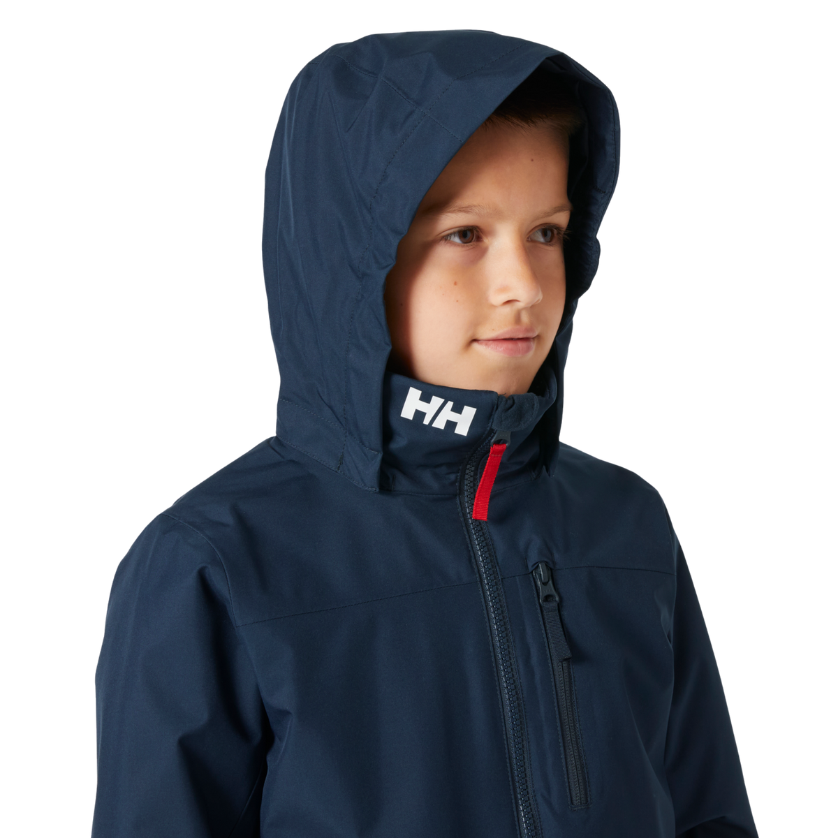 Helly Hansen Jr Crew Midlayer 2.0 Jacket hood detail in Navy with packable design that stows into the collar or detaches when not needed