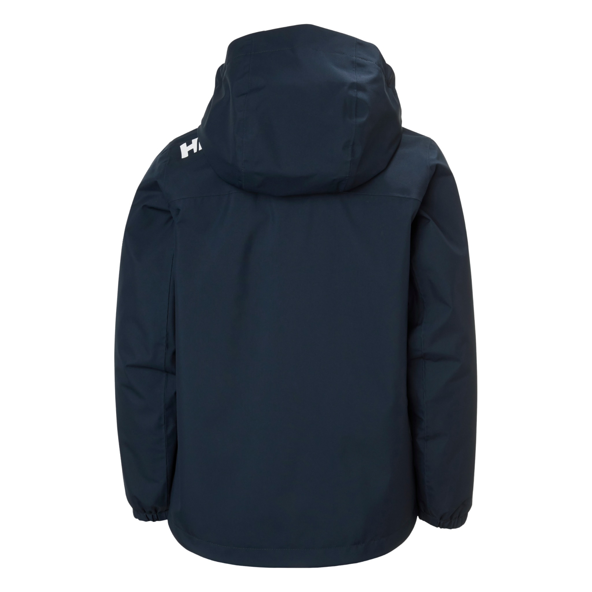 Rear view of Helly Hansen Jr Crew Midlayer 2.0 Jacket in Navy with waterproof breathable construction and adjustable hem