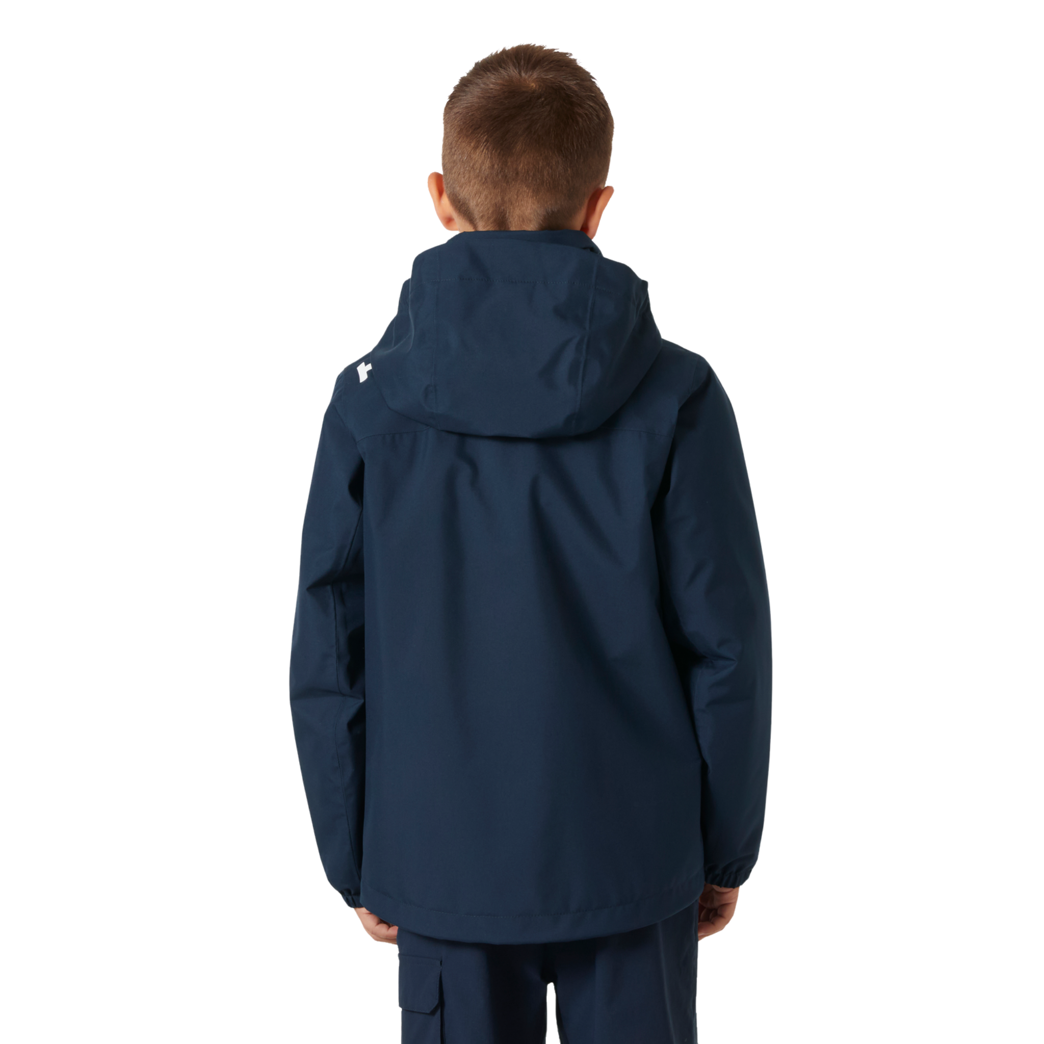 Rear view of Helly Hansen Jr Crew Midlayer 2.0 Jacket with waterproof breathable construction and adjustable hem