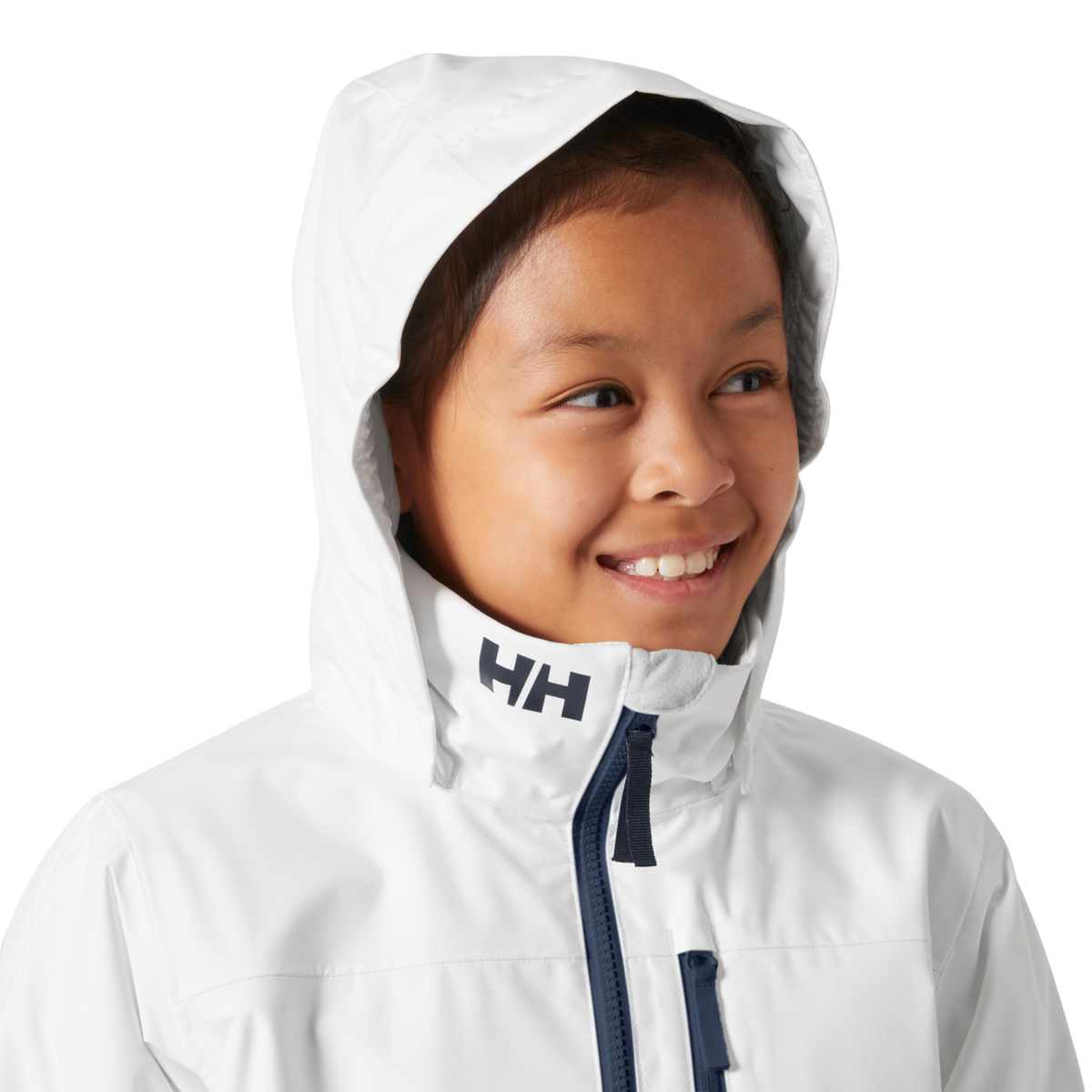 Helly Hansen Jr Crew Midlayer 2.0 Jacket hood detail in White with packable design that stows into the collar or detaches when not needed