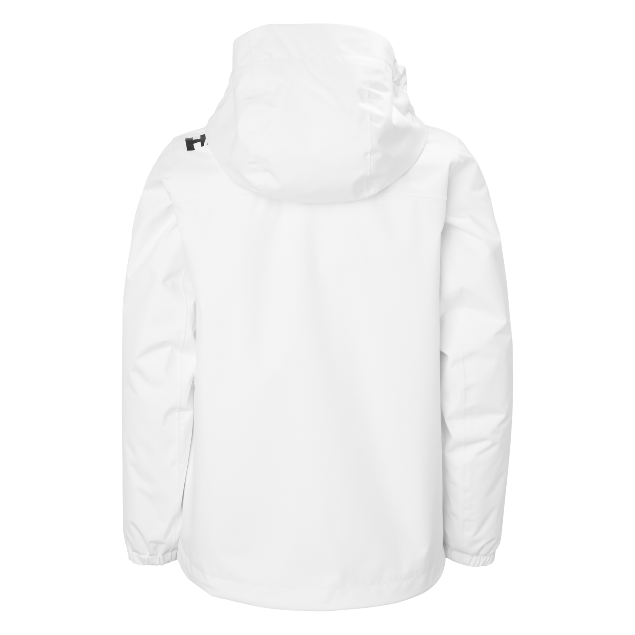Rear view of Helly Hansen Jr Crew Midlayer 2.0 Jacket in White with waterproof breathable construction and adjustable hem
