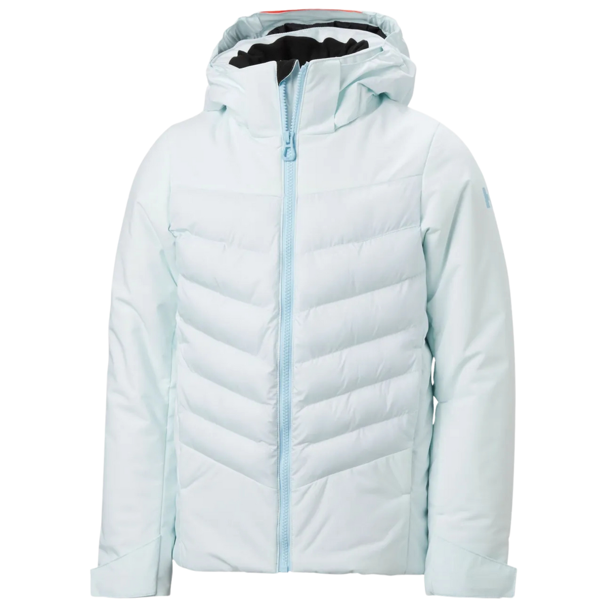 Helly Hansen Jr Girl Astra Jacket in Icicle color with synthetic insulation, critically taped 2-layer construction, RECCO and adjustable powder skirt