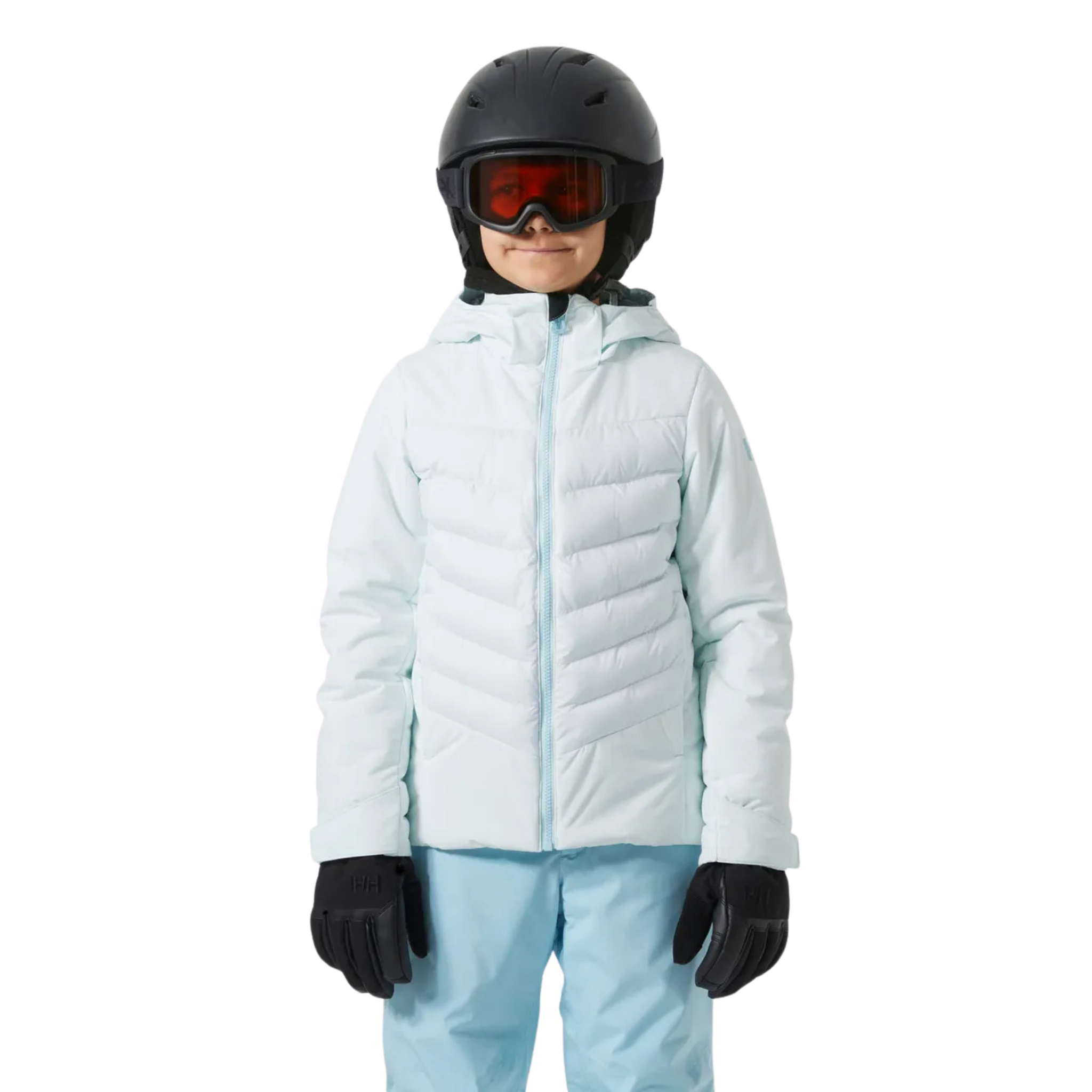Front view of Helly Hansen Jr Girl Astra Jacket in Icicle color with synthetic insulation, YKK VISLON zipper and detachable hood