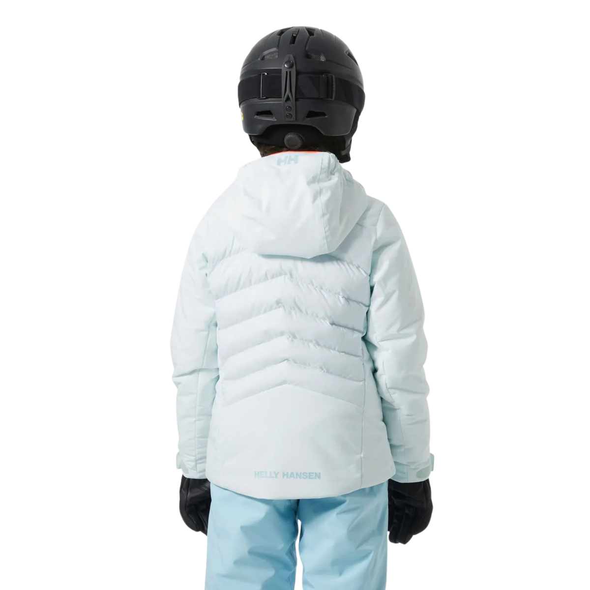 Rear view of Helly Hansen Jr Girl Astra Jacket with insulated 2-layer construction, adjustable hem and feminine ski fit