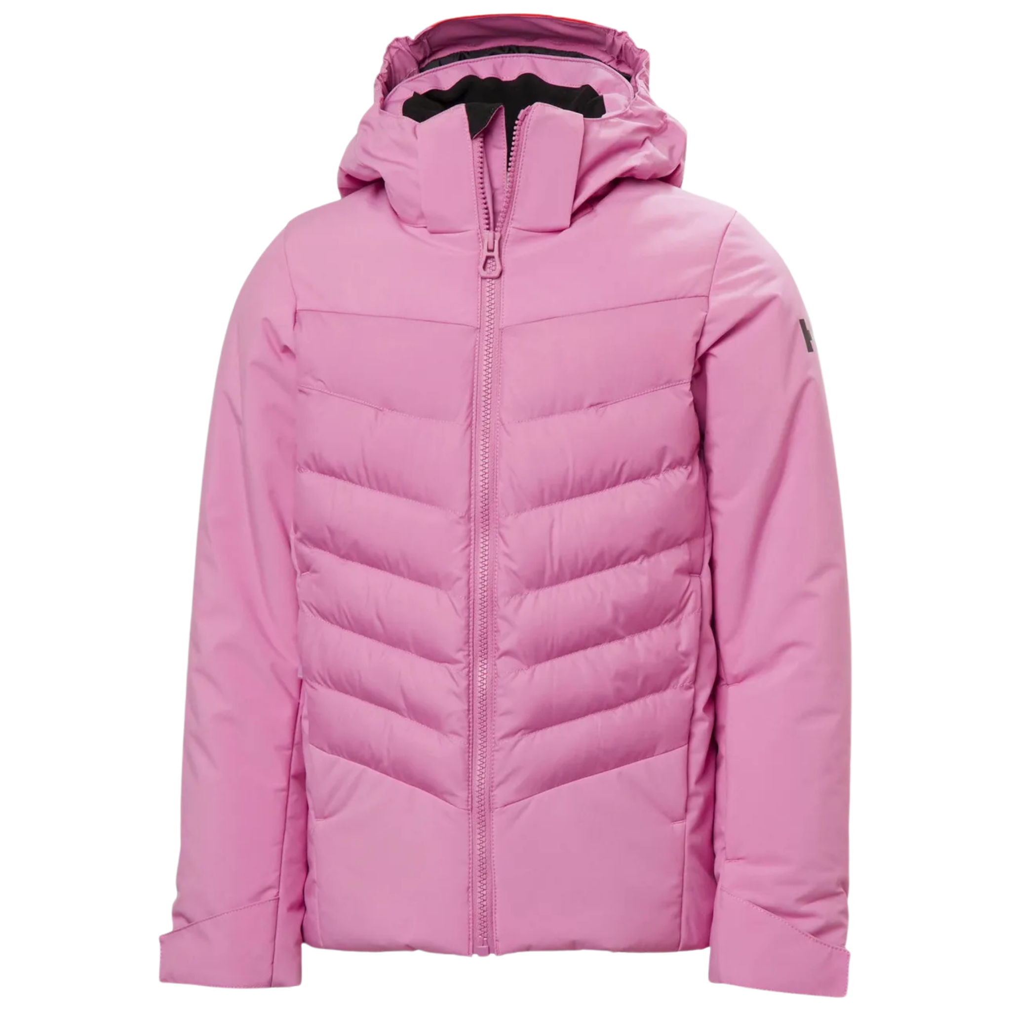 Helly Hansen Jr Girl Astra Jacket in Meta Pink with synthetic insulation, critically taped 2-layer construction, RECCO and adjustable powder skirt