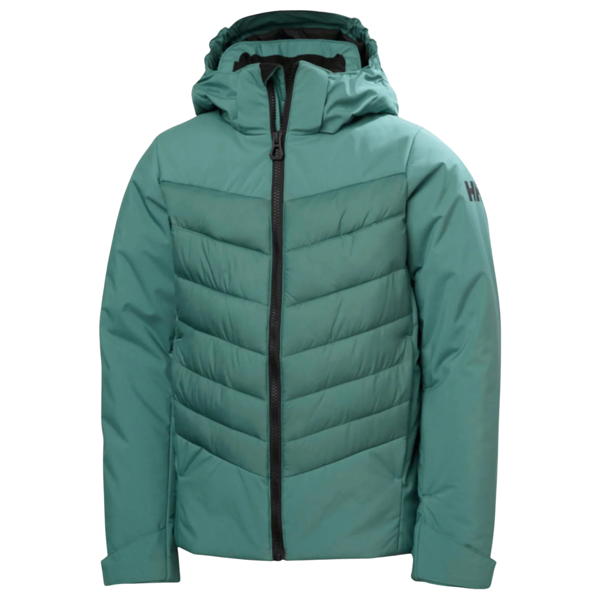 Helly Hansen Jr Girl Astra Jacket in Opal Green with synthetic insulation, critically taped 2-layer construction, RECCO and adjustable powder skirt