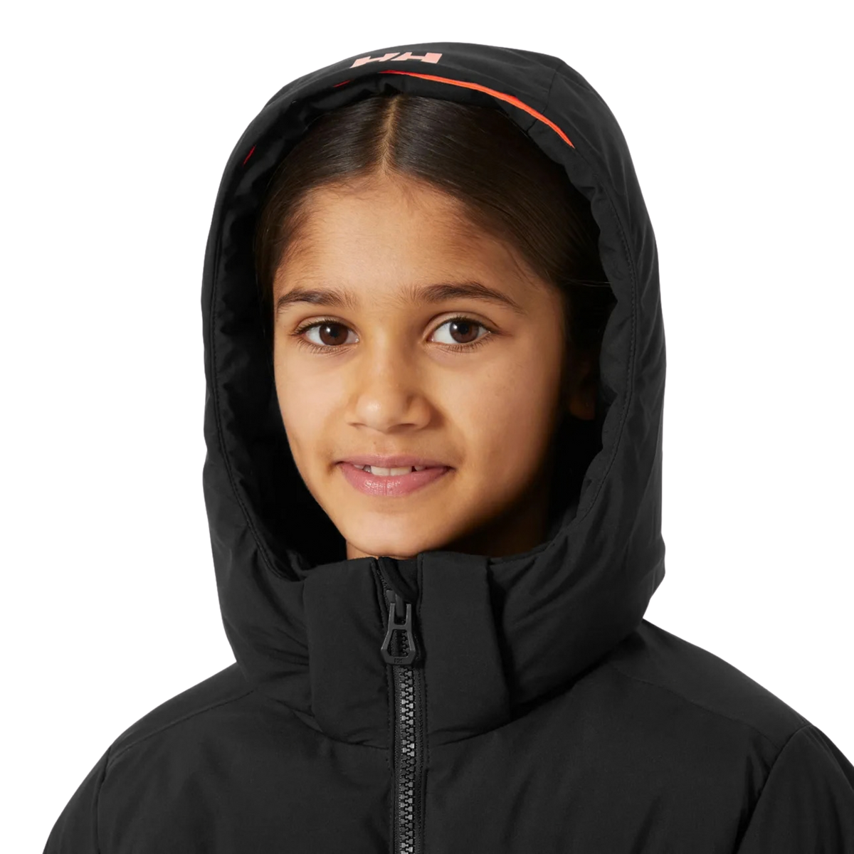 Front view of Helly Hansen Jr Girl Nora Puffy Ski Jacket in Black with detachable hood providing additional coverage during snowy winter conditions