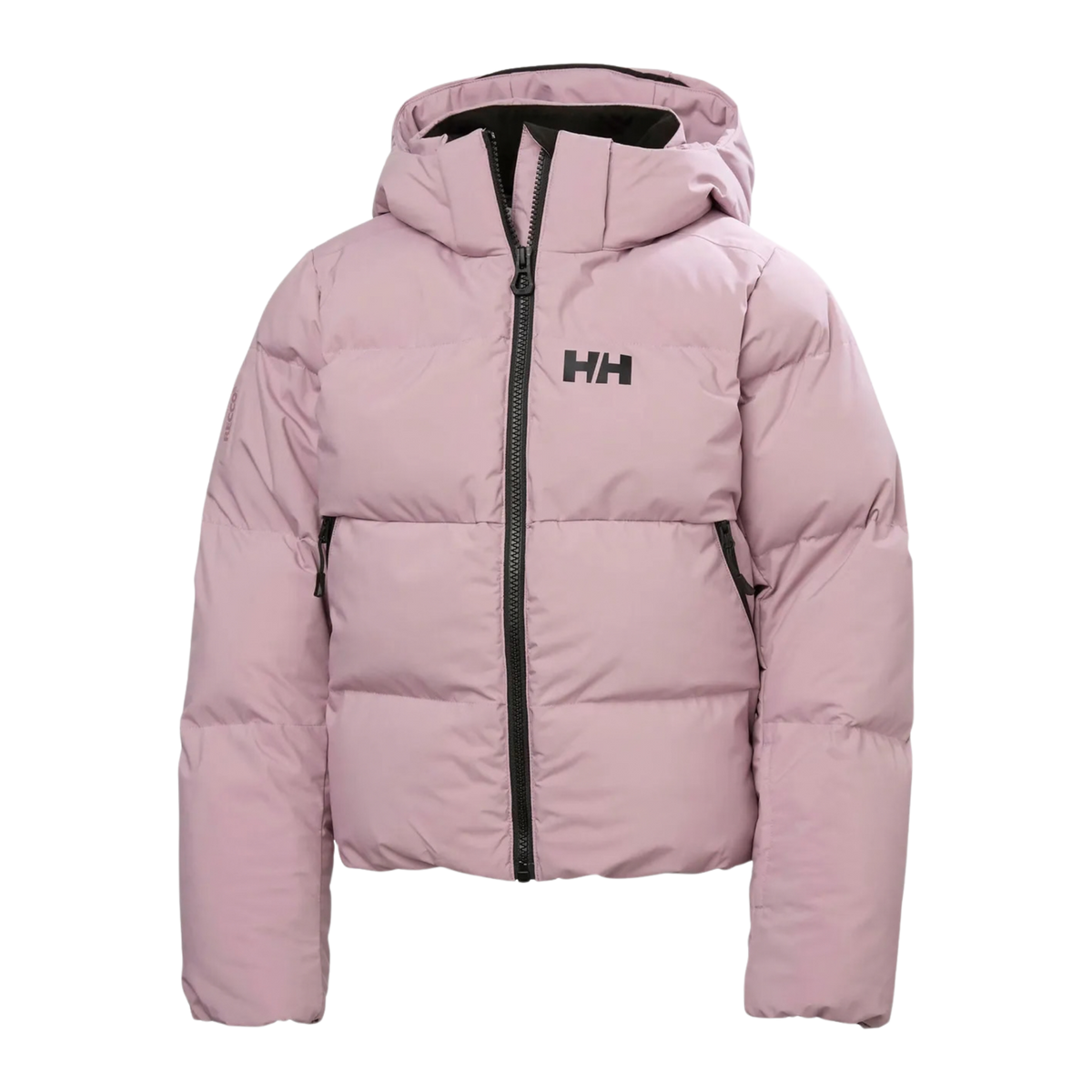 Helly Hansen Jr Girl Nora Puffy Ski Jacket Purple Clay with medium synthetic insulation, detachable hood, RECCO reflector and adjustable powder skirt