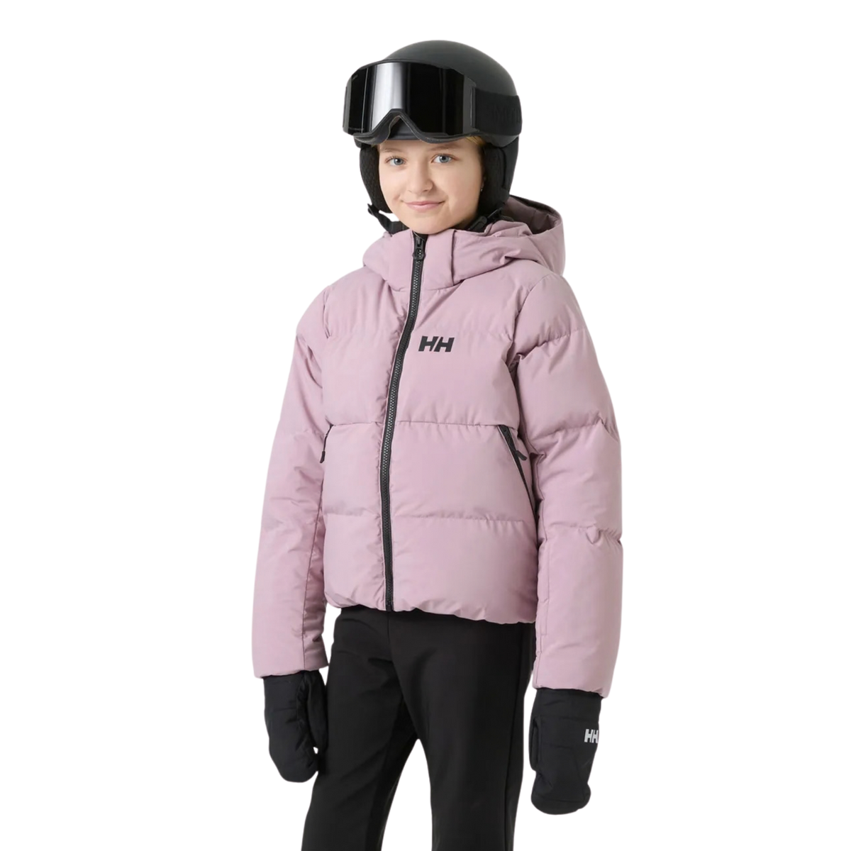 Front view of Helly Hansen Jr Girl Nora Puffy Ski Jacket in Purple Clary with insulated puffer construction, YKK VISLON zipper and secure hand pockets