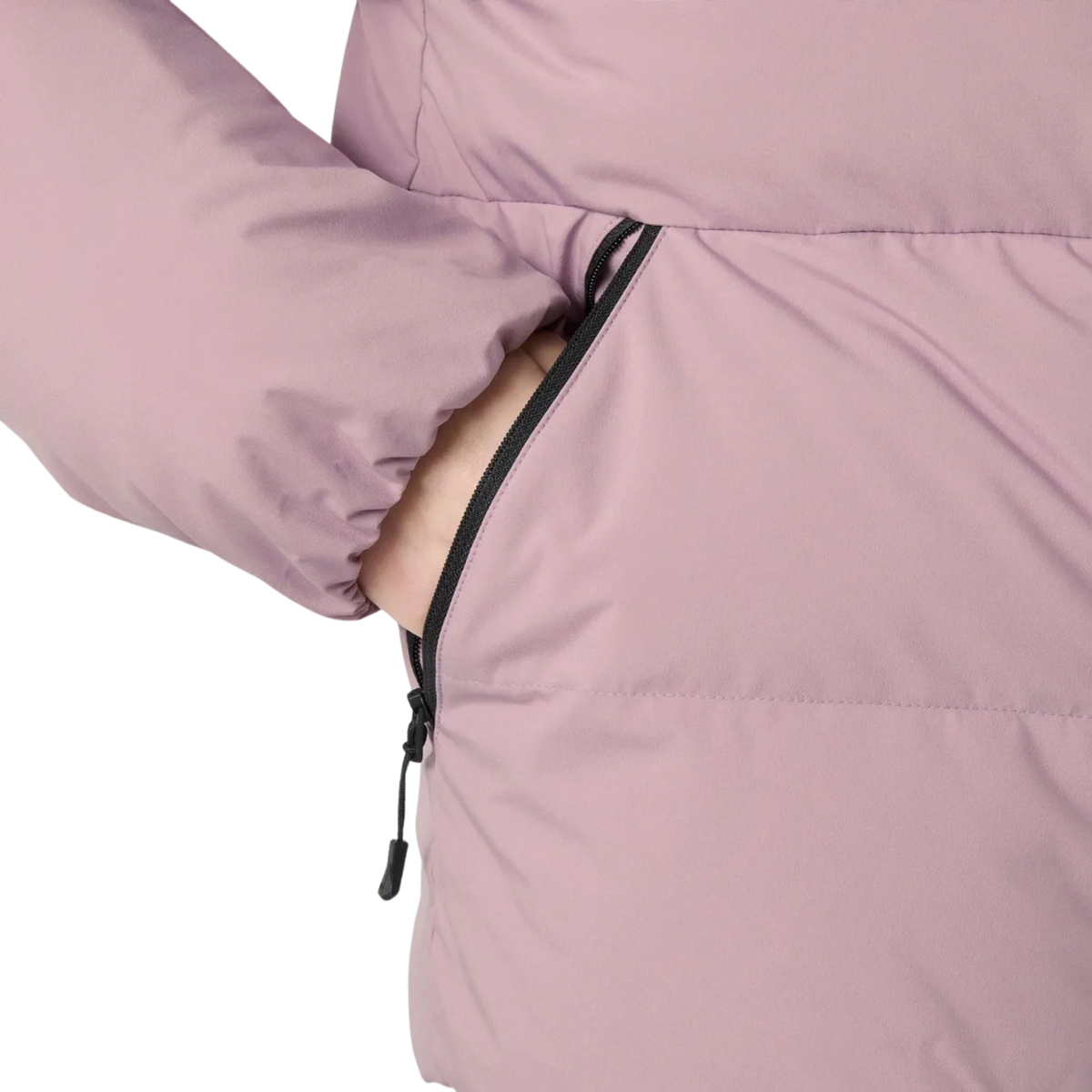 Helly Hansen Jr Girl Nora Puffy Ski Jacket in Purple Clay with secure zippered hand pocket and soft fleece lining for warmth and storage