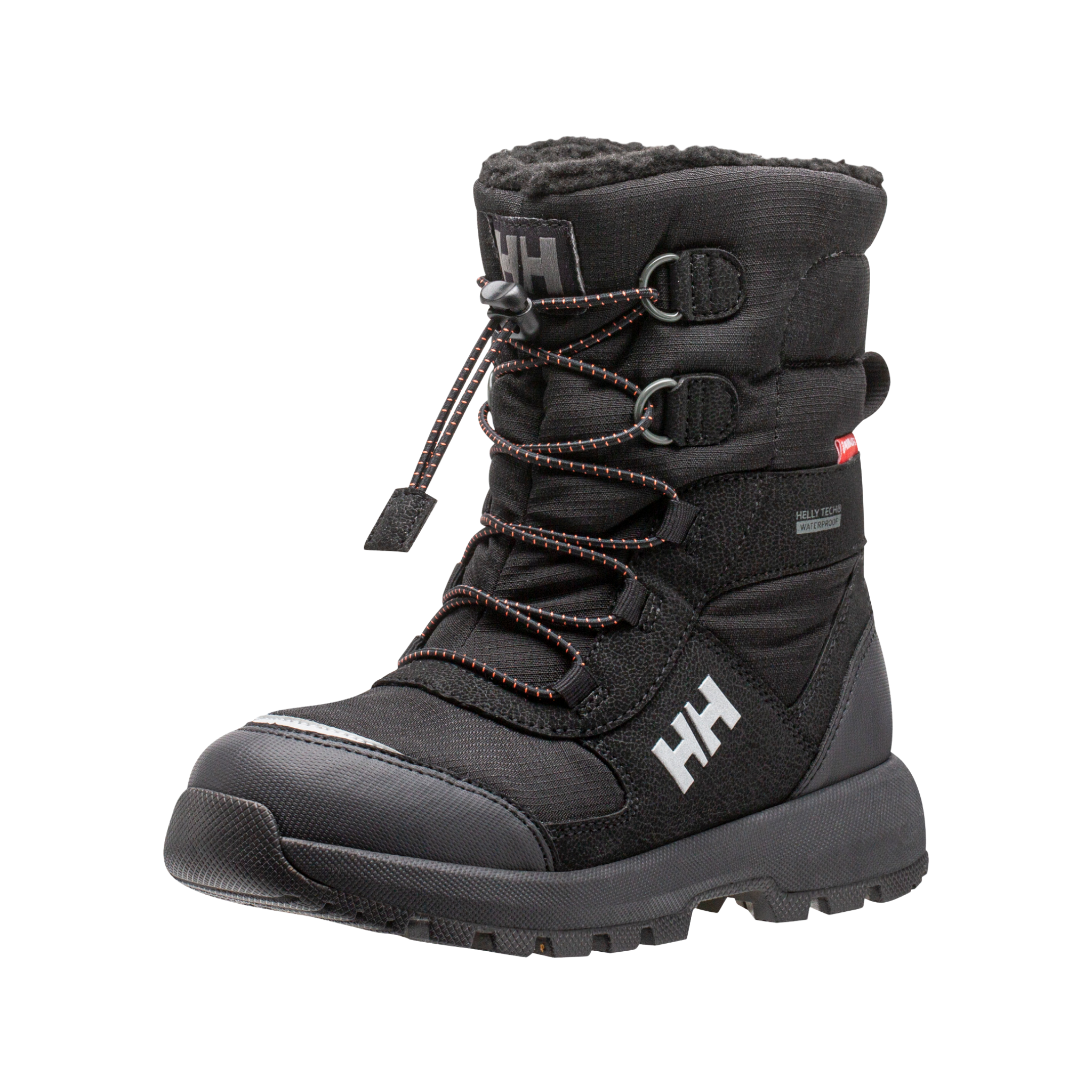 Front view of Helly Hansen Jr Silverton Winter Boots in Black with waterproof construction, drawstring closure and 400g PrimaLoft insulation