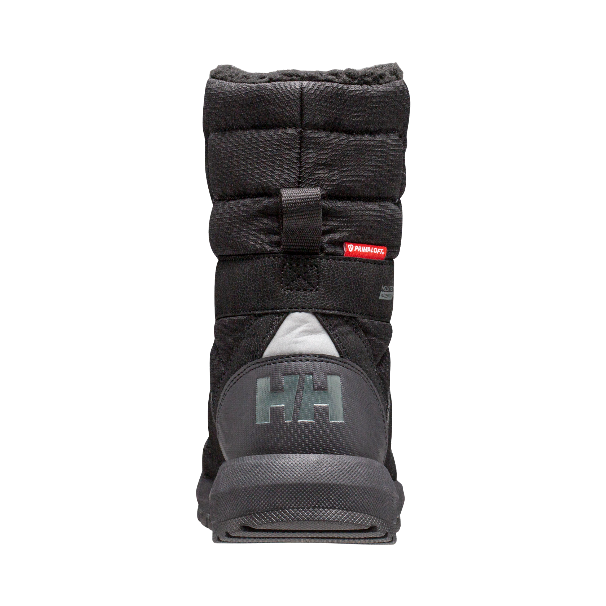 Rear view of Helly Hansen Jr Silverton Winter Boots in Black with recycled reinforcement, reflective webbing and insulated construction