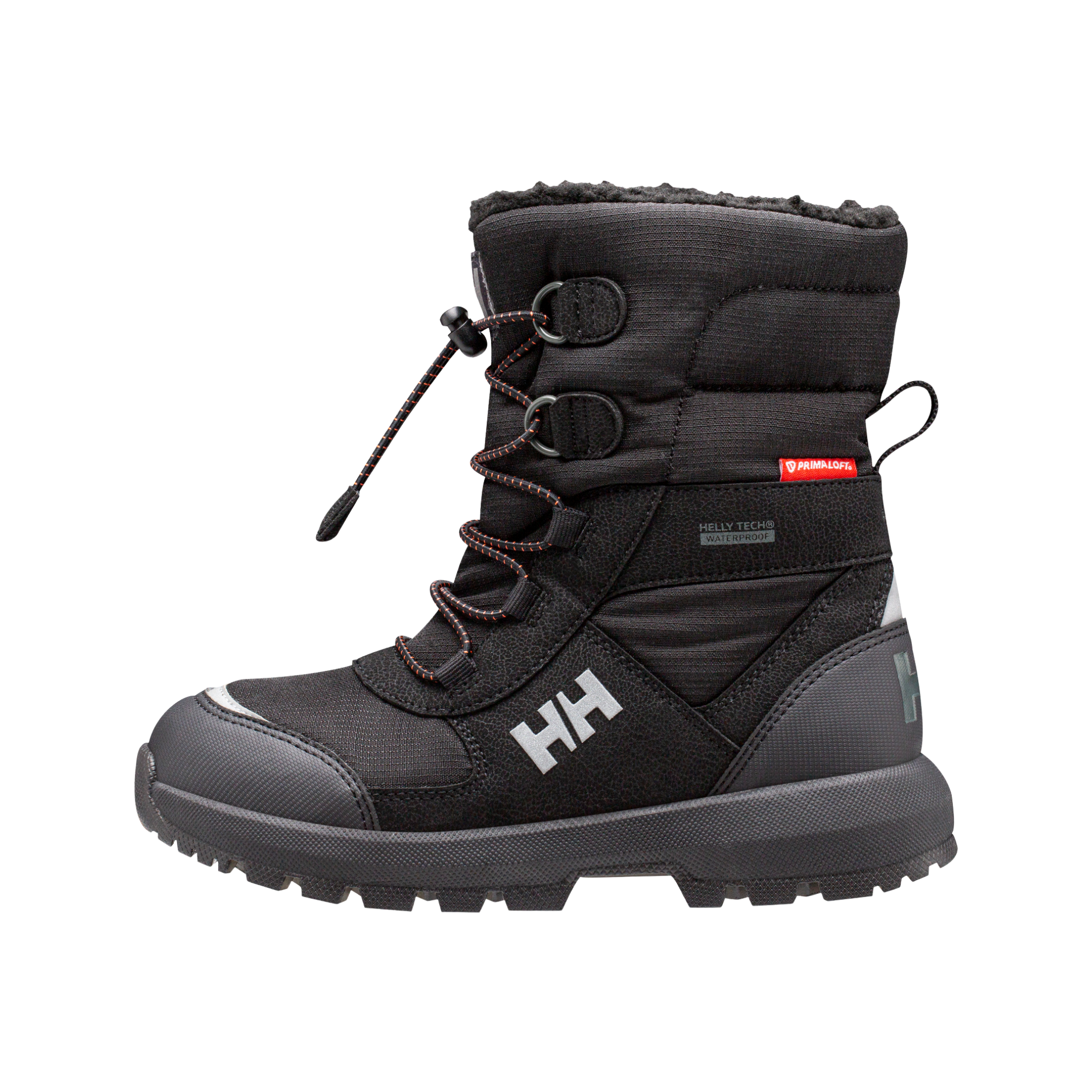 Side view of Helly Hansen Jr Silverton Winter Boots in Black with HELLY TECH waterproofing, HH Pro Guard and insulated faux-shearling lining