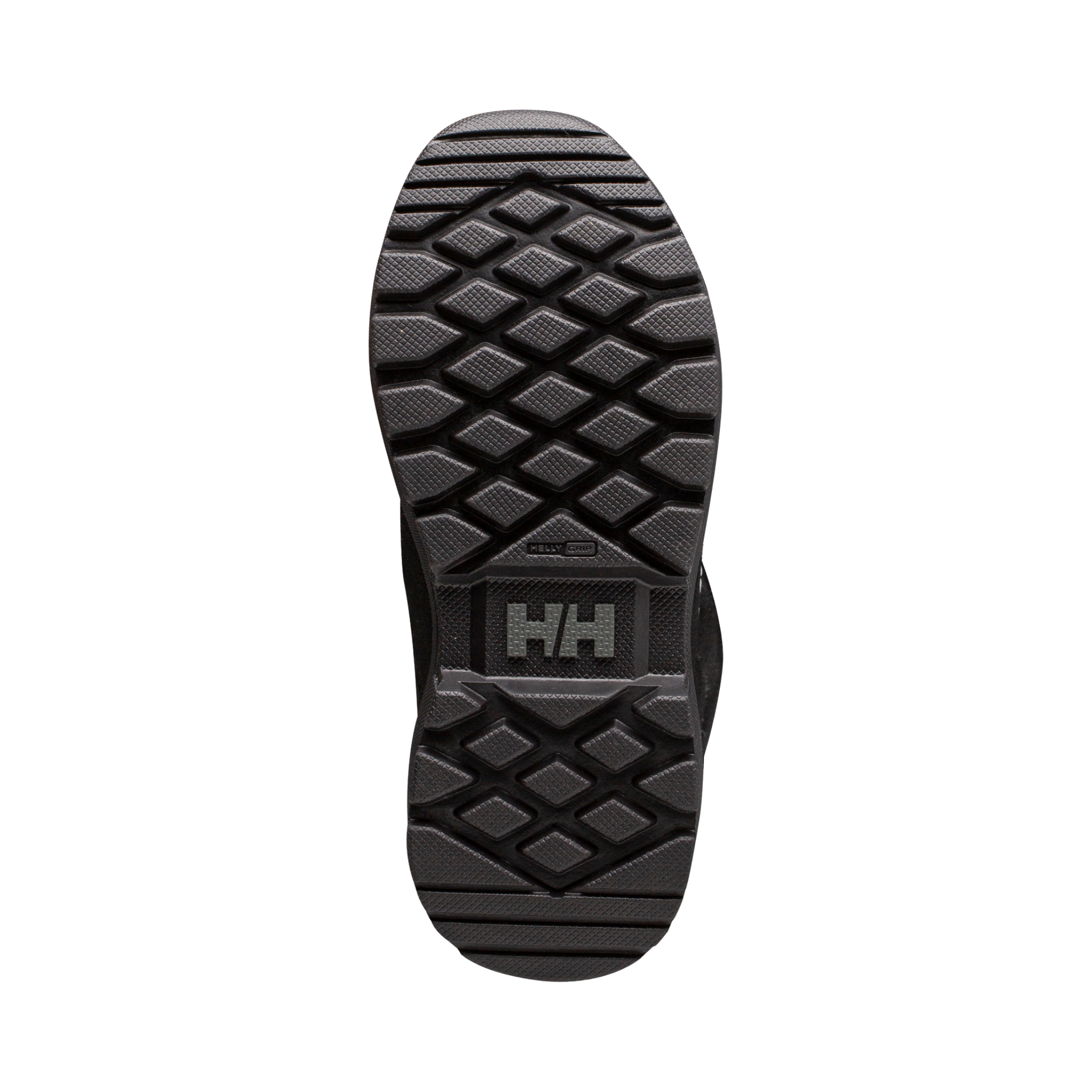 Sole view of Helly Hansen Jr Silverton Winter Boot in Black with HH Max Grip traction outsole for slippery winter surfaces