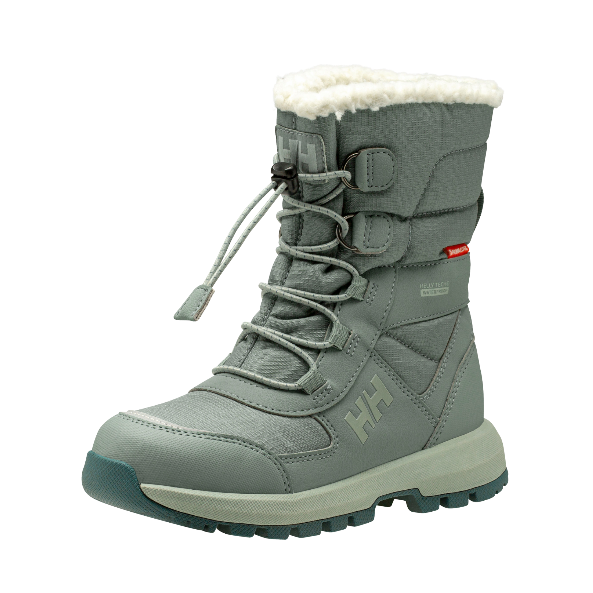 Front view of Helly Hansen Jr Silverton Winter Boots in Cactus color with waterproof construction, drawstring closure and 400g PrimaLoft insulation