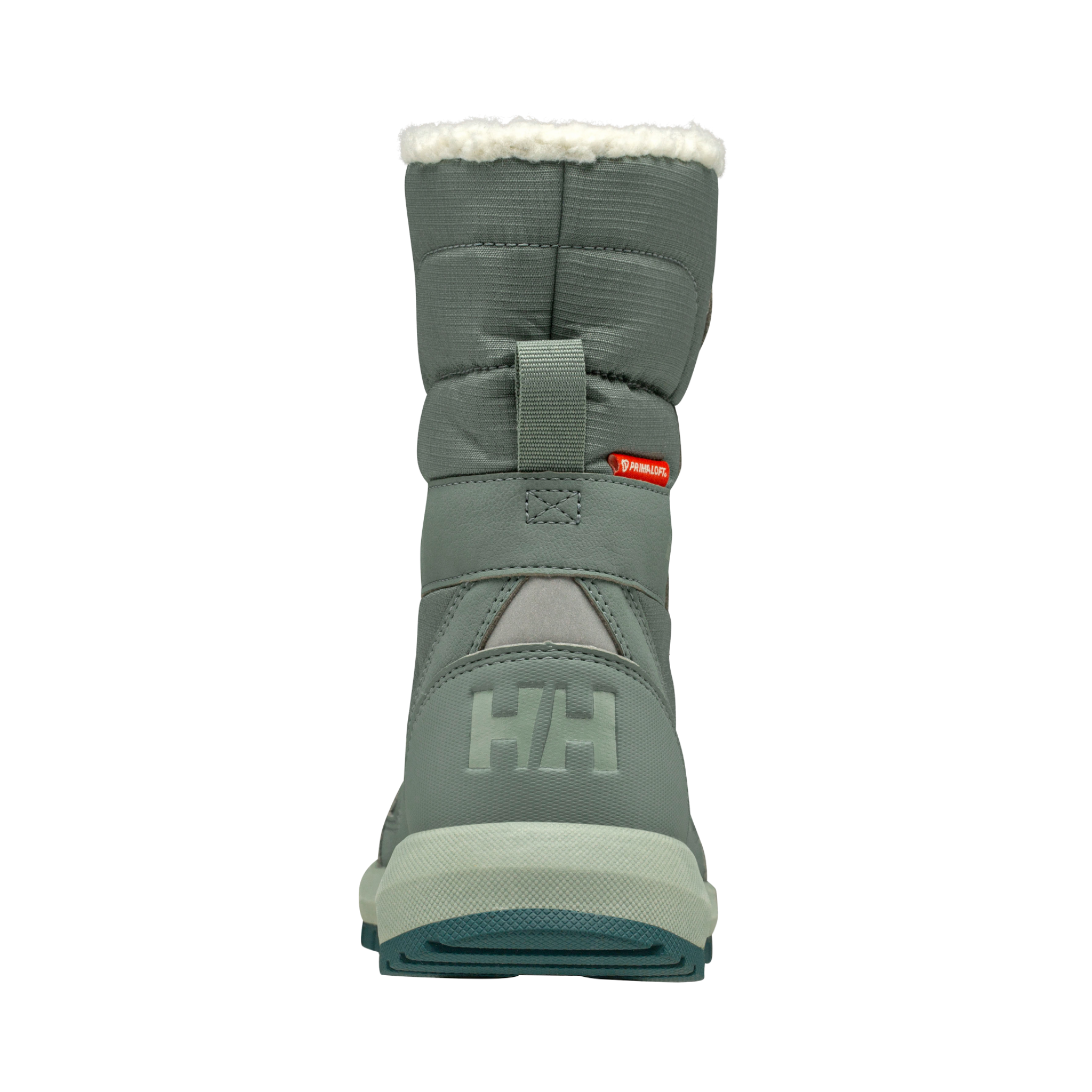 Rear view of Helly Hansen Jr Silverton Winter Boots in Cactus color with recycled reinforcement, reflective webbing and insulated construction