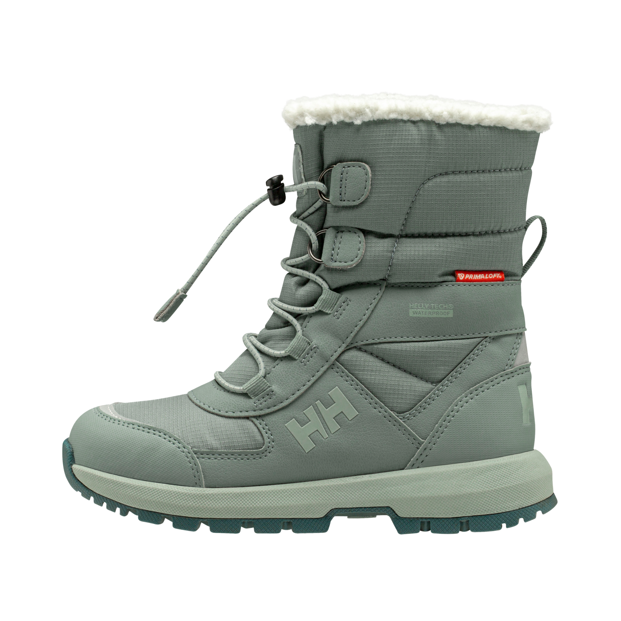Side view of Helly Hansen Jr Silverton Winter Boots in Cactus color with HELLY TECH waterproofing, HH Pro Guard and insulated faux-shearling lining