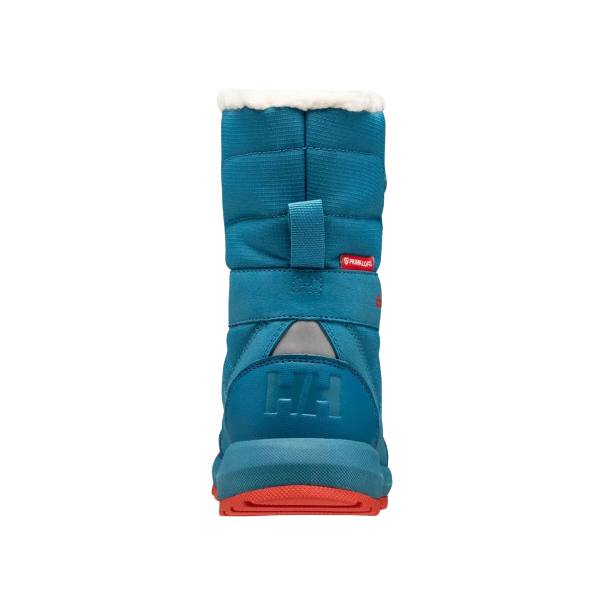 Rear side view of Helly Hansen Jr Silverton Winter Boots in Cerulean Blue with reflective webbing, reinforced collar and waterproof construction
