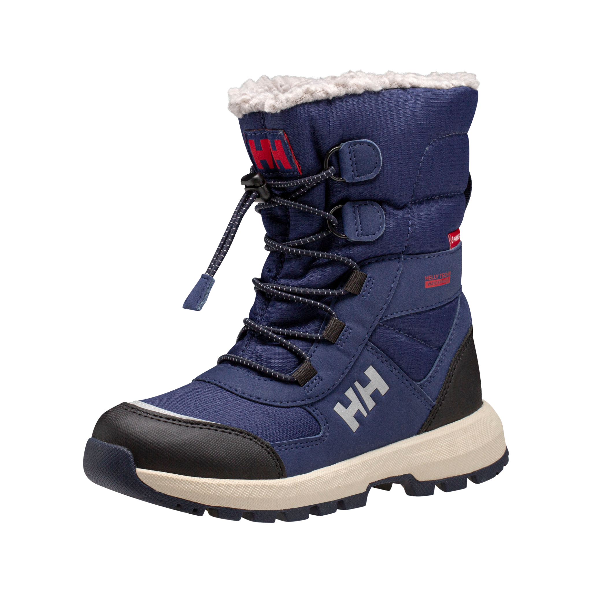 Front view of Helly Hansen Jr Silverton Winter Boots in Ocean / Mellow Grey with waterproof construction, drawstring closure and 400g PrimaLoft insulation