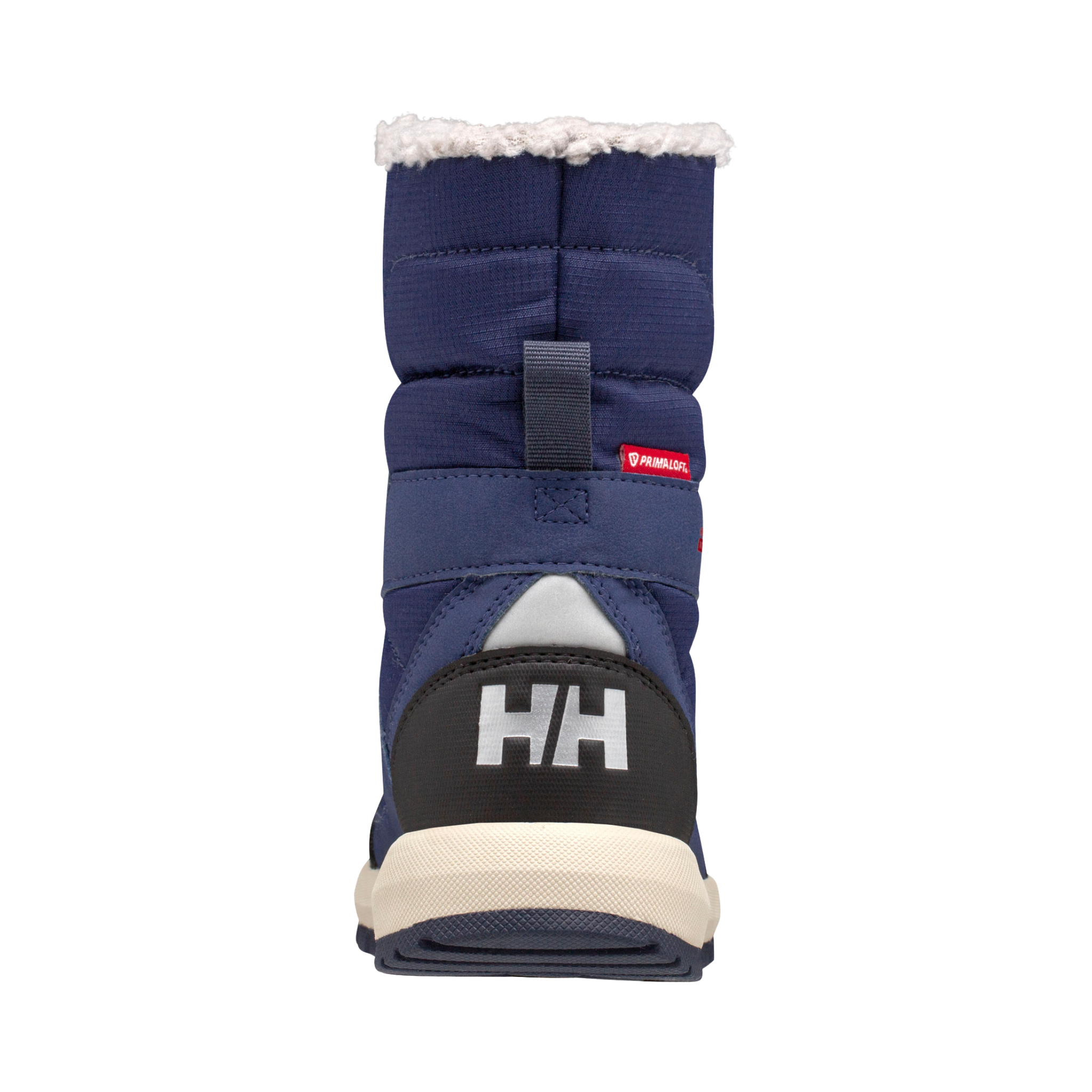 Rear view of Helly Hansen Jr Silverton Winter Boots in Ocean / Mellow Grey with recycled reinforcement, reflective webbing and insulated construction