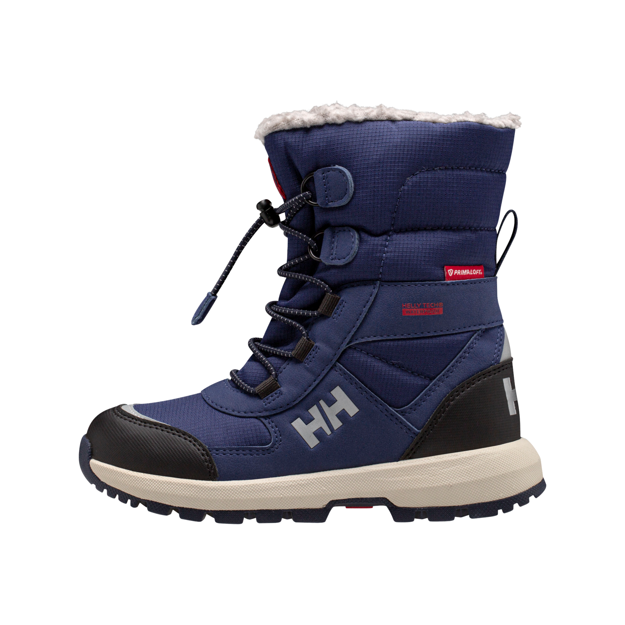 Side view of Helly Hansen Jr Silverton Winter Boots in Ocean / Mellow Grey with HELLY TECH waterproofing, HH Pro Guard and insulated faux-shearling lining