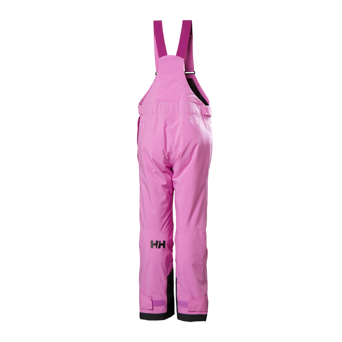 Rear view of Helly Hansen Jr Stellar Bib Pants in Meta Pink with adjustable suspenders, reinforced lower legs and insulated winter construction
