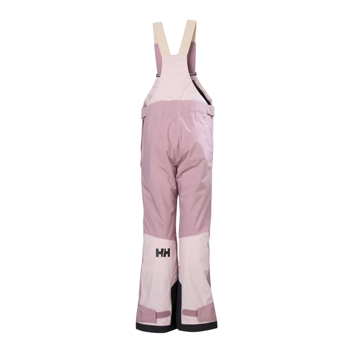 Rear view of Helly Hansen Jr Stellar Bib Pants in Purple Clay with adjustable suspenders, reinforced lower legs and insulated winter construction